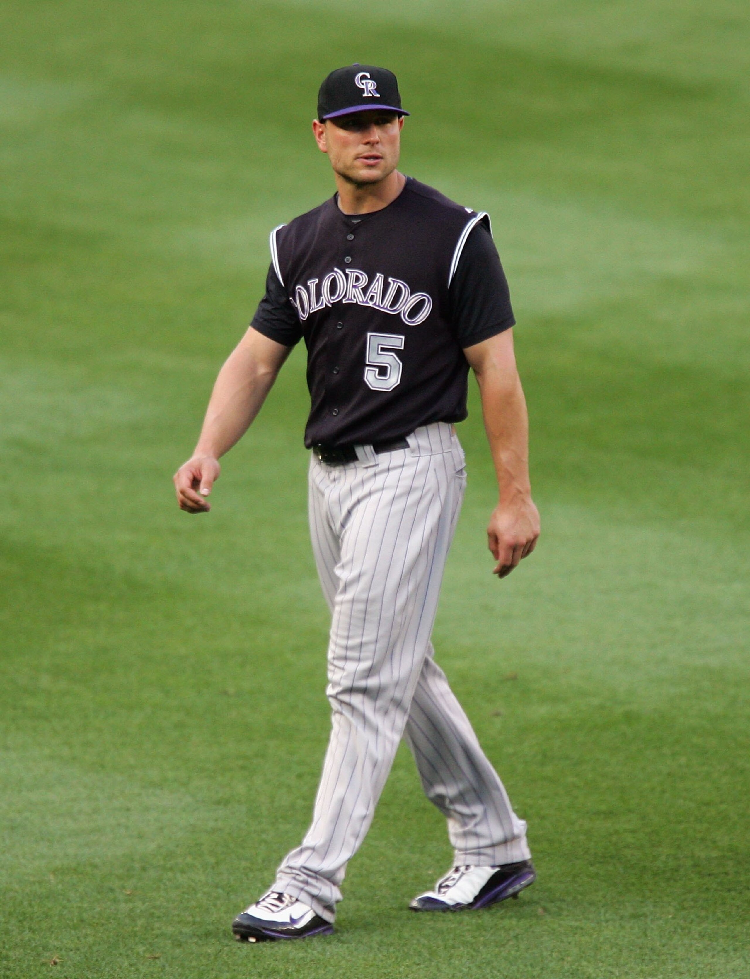 NEW YORK - JULY 11:  Matt Holliday #5 of the Colorado Rockies warms up against the New York Mets on July 11, 2008 at Shea Stadium in the Flushing neighborhood of the Queens borough of New York City. The Mets won the game 2-1. (Photo by Jim McIsaac/Getty I