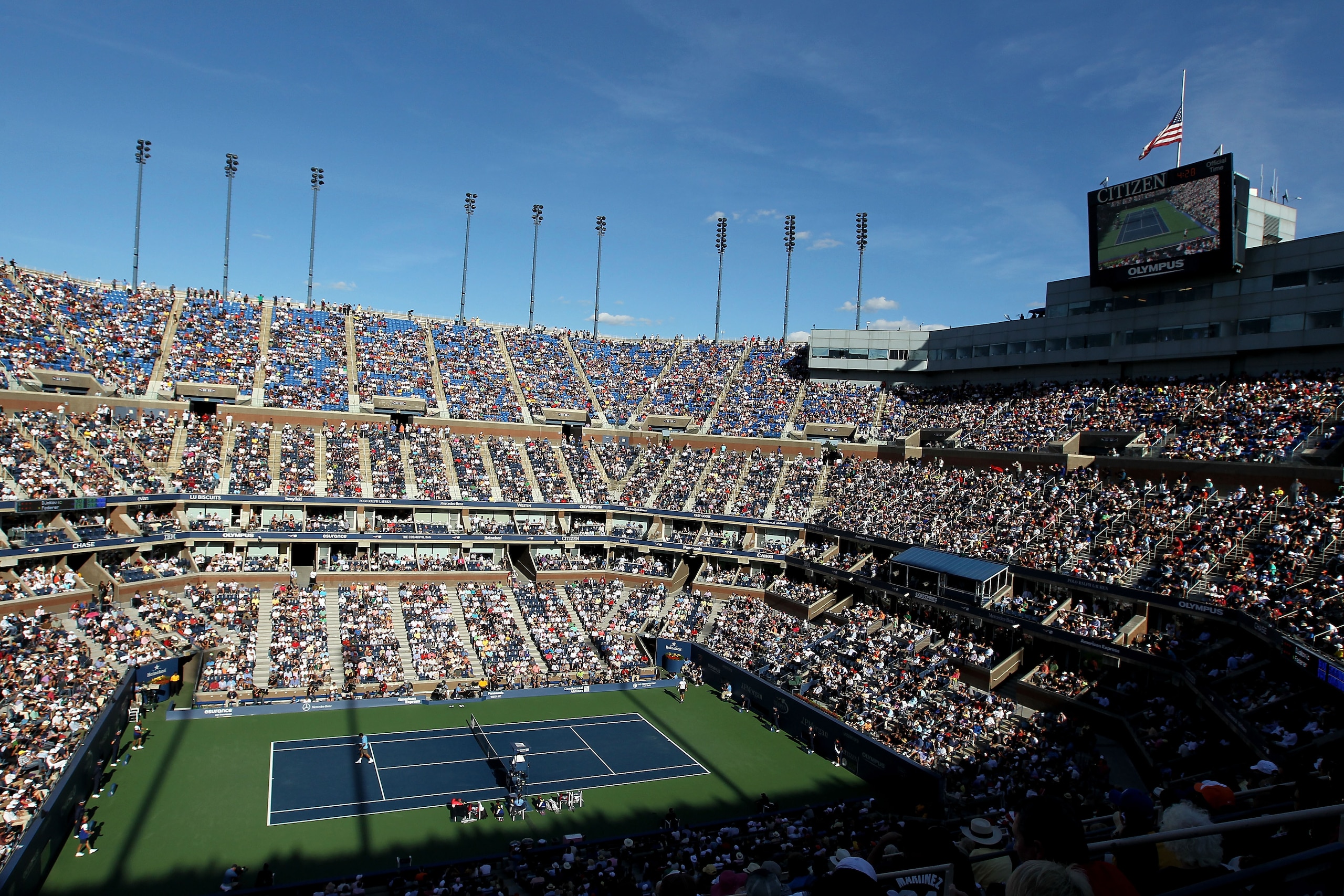 NEW YORK - SEPTEMBER 11: A general view of Arthur Ashe Stadium is seen during the men's singles semifinal match between Roger Federer of Switzerland and Novak Djokovic of Serbia on day thirteen of the 2010 U.S. Open at the USTA Billie Jean King National NEW YORK - SEPTEMBER 11: A general view of Arthur Ashe Stadium is seen during the men's singles semifinal match between Roger Federer of Switzerland and Novak Djokovic of Serbia on day thirteen of the 2010 U.S. Open at the USTA Billie Jean King National