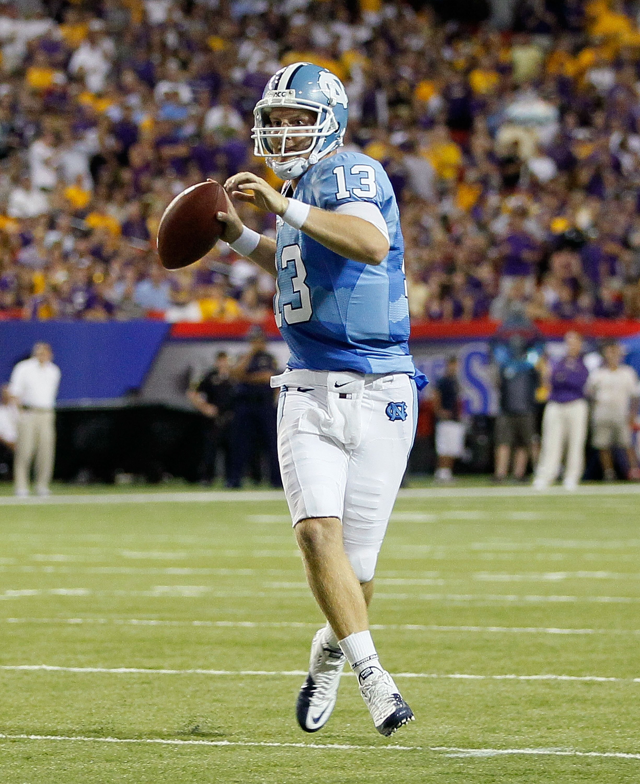 ATLANTA - SEPTEMBER 04:  Quarterback T.J. Yates #13 of the North Carolina Tar Heels against the LSU Tigers during the Chick-fil-A Kickoff Game at Georgia Dome on September 4, 2010 in Atlanta, Georgia.  (Photo by Kevin C. Cox/Getty Images)