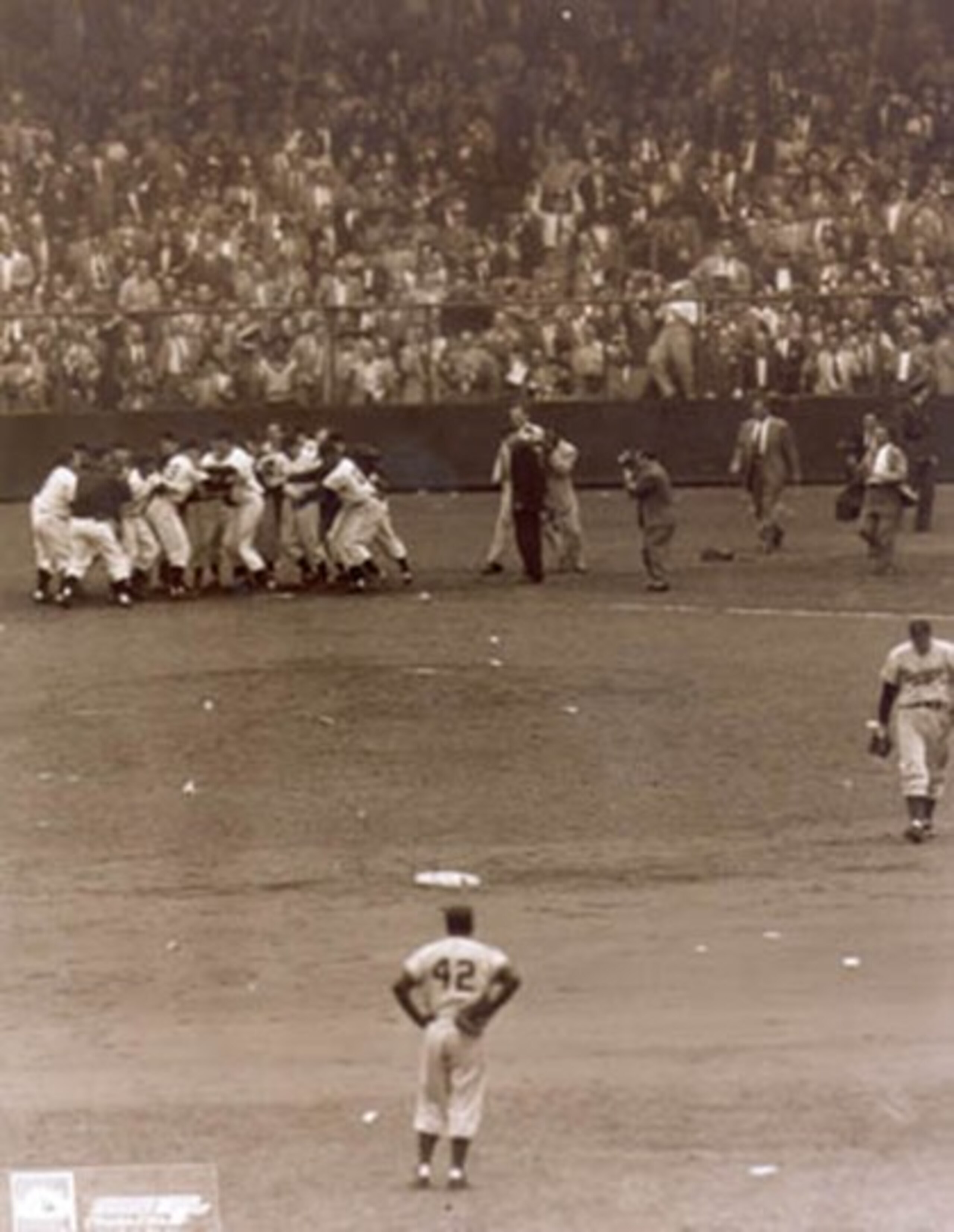 The Giants celebrate Bobby Thomson's home run.