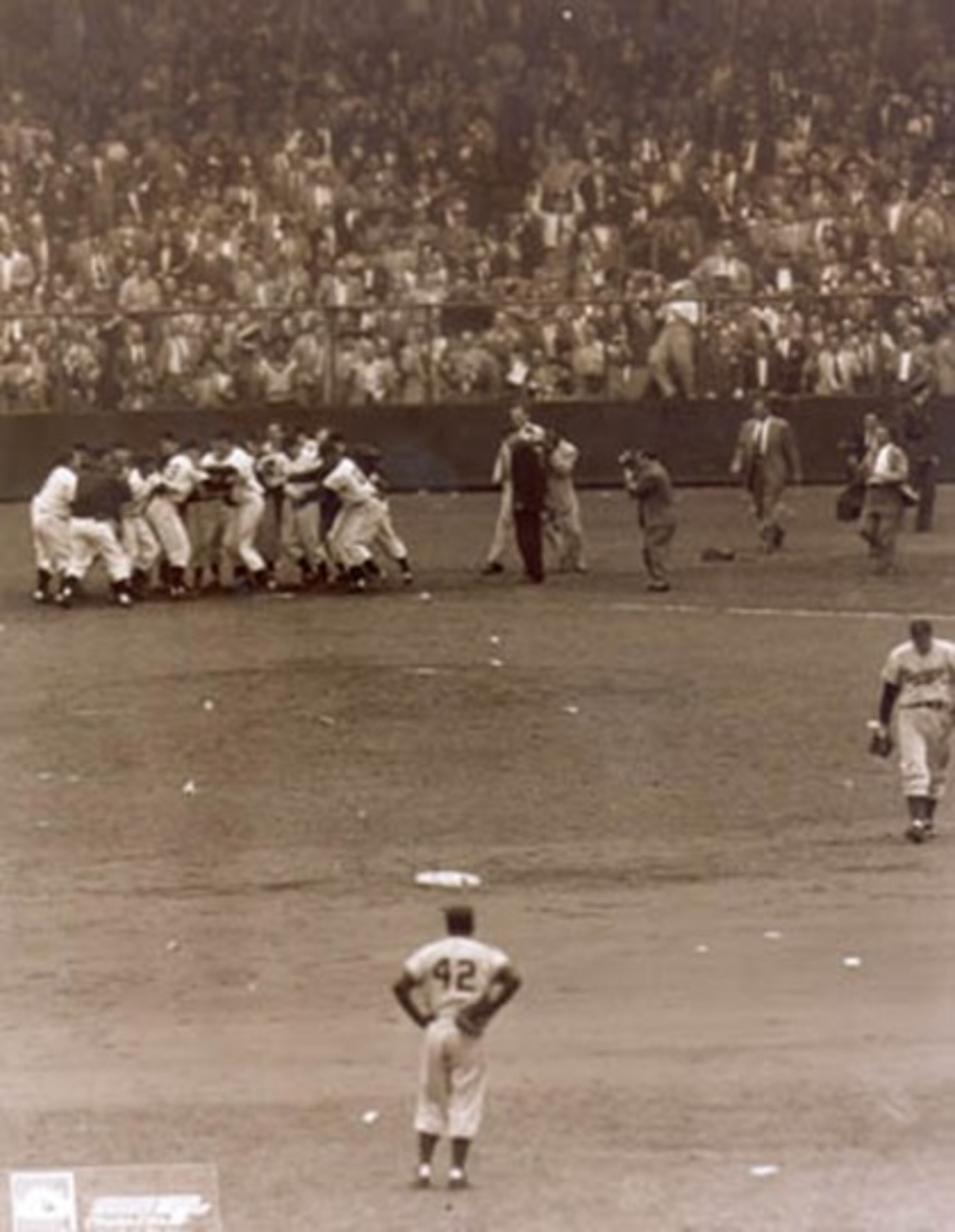 The Giants celebrate Bobby Thomson's home run.