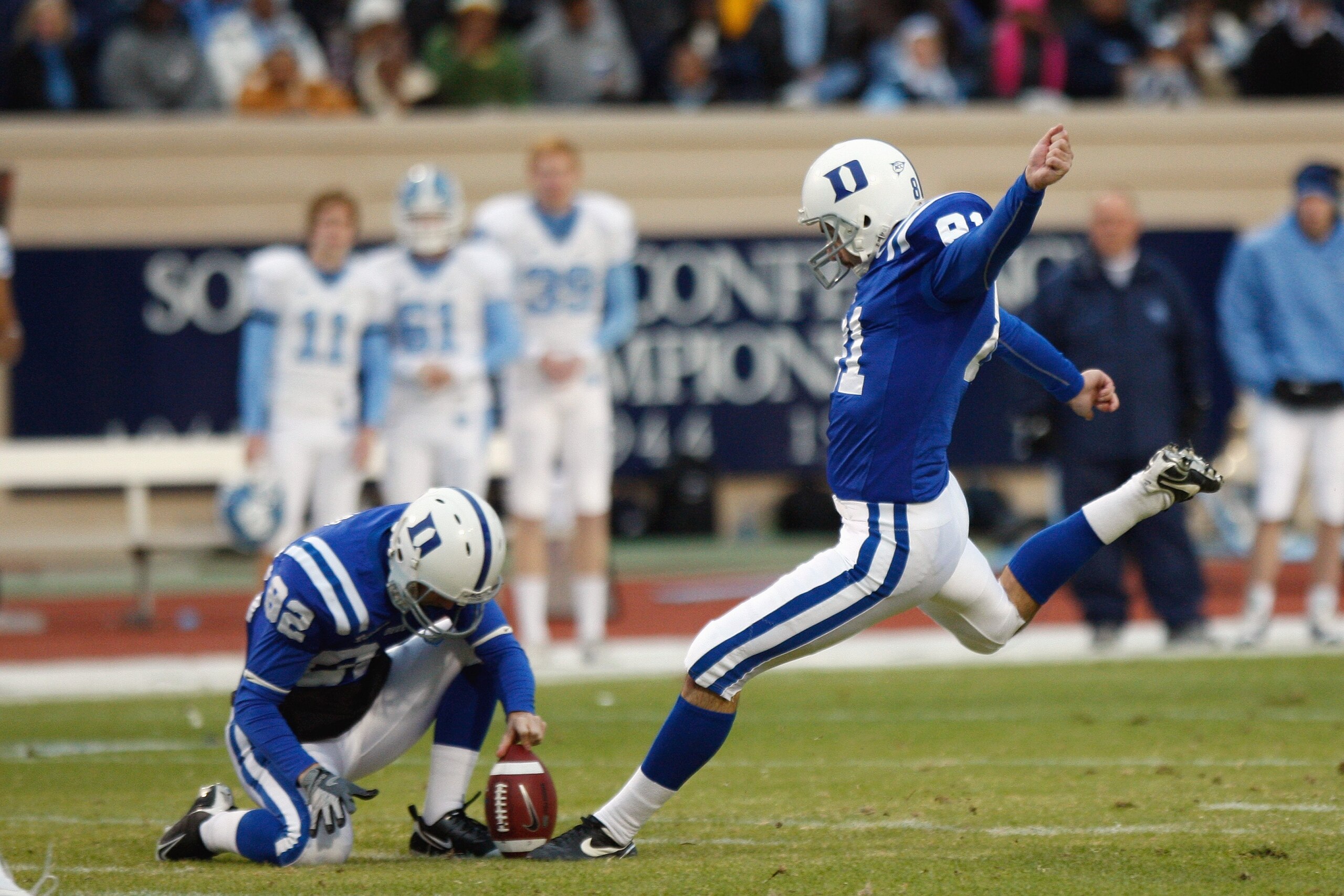 DURHAM, NC - NOVEMBER 29:  Joe Surgan #81 of the Duke Blue Devils kicks a field goal during the game against the North Carolina Tar Heels at Wallace Wade Stadium on November 29, 2008 in Durham, North Carolina. (Photo by Kevin C. Cox/Getty Images)