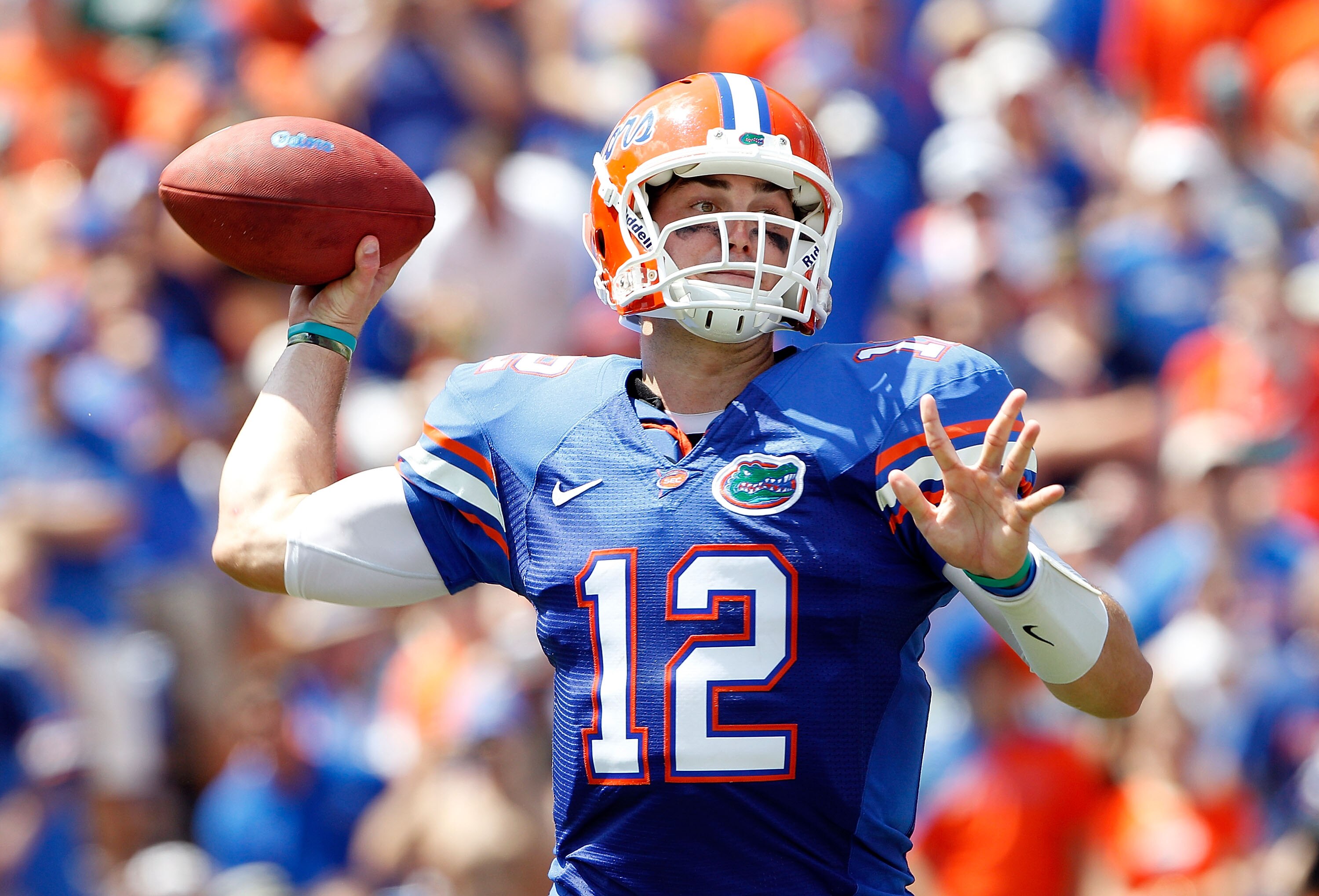 GAINESVILLE, FL - SEPTEMBER 11:  Quarterback John Brantley #12 of the Florida Gators attempts a pass during a game against the South Florida Bulls at Ben Hill Griffin Stadium on September 11, 2010 in Gainesville, Florida.  (Photo by Sam Greenwood/Getty Im