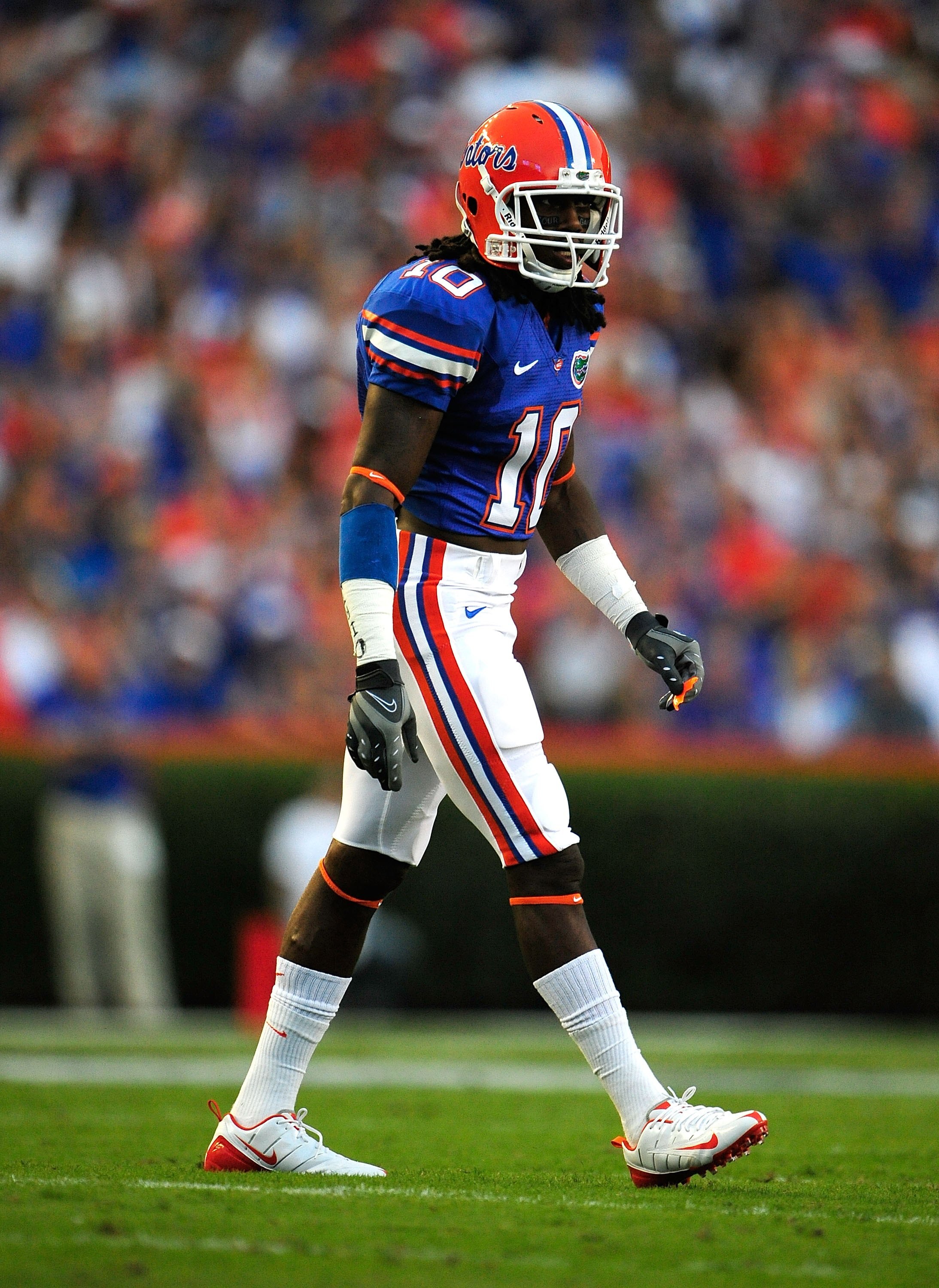 GAINESVILLE, FL - SEPTEMBER 5:  Will Hill #10 of the Florida Gators looks over the offense during the game against the Charleston Southern Buccaneers at Ben Hill Griffin Stadium on September 5, 2009 in Gainesville, Florida.  (Photo by Sam Greenwood/Getty 