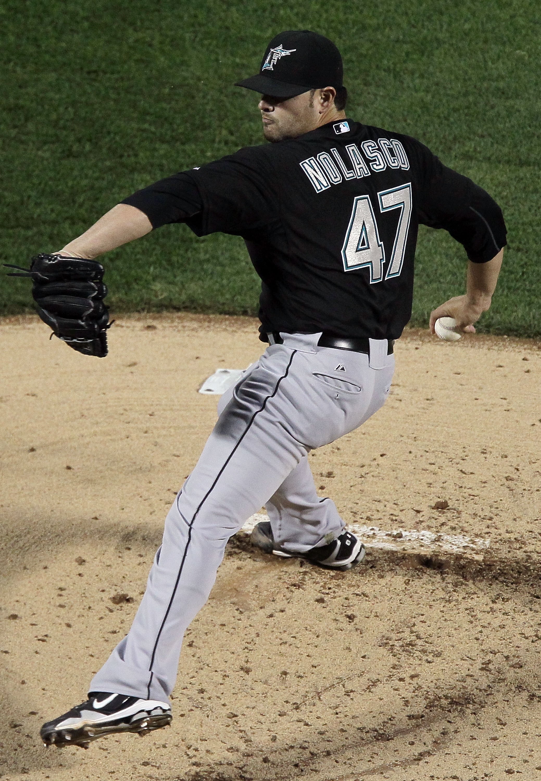 NEW YORK - APRIL 07:  Ricky Nolasco #47 of the Florida Marlins delivers a pitch against the New York Mets on April 7, 2010 at Citi Field in the Flushing neighborhood of the Queens borough of New York City.  (Photo by Jim McIsaac/Getty Images)