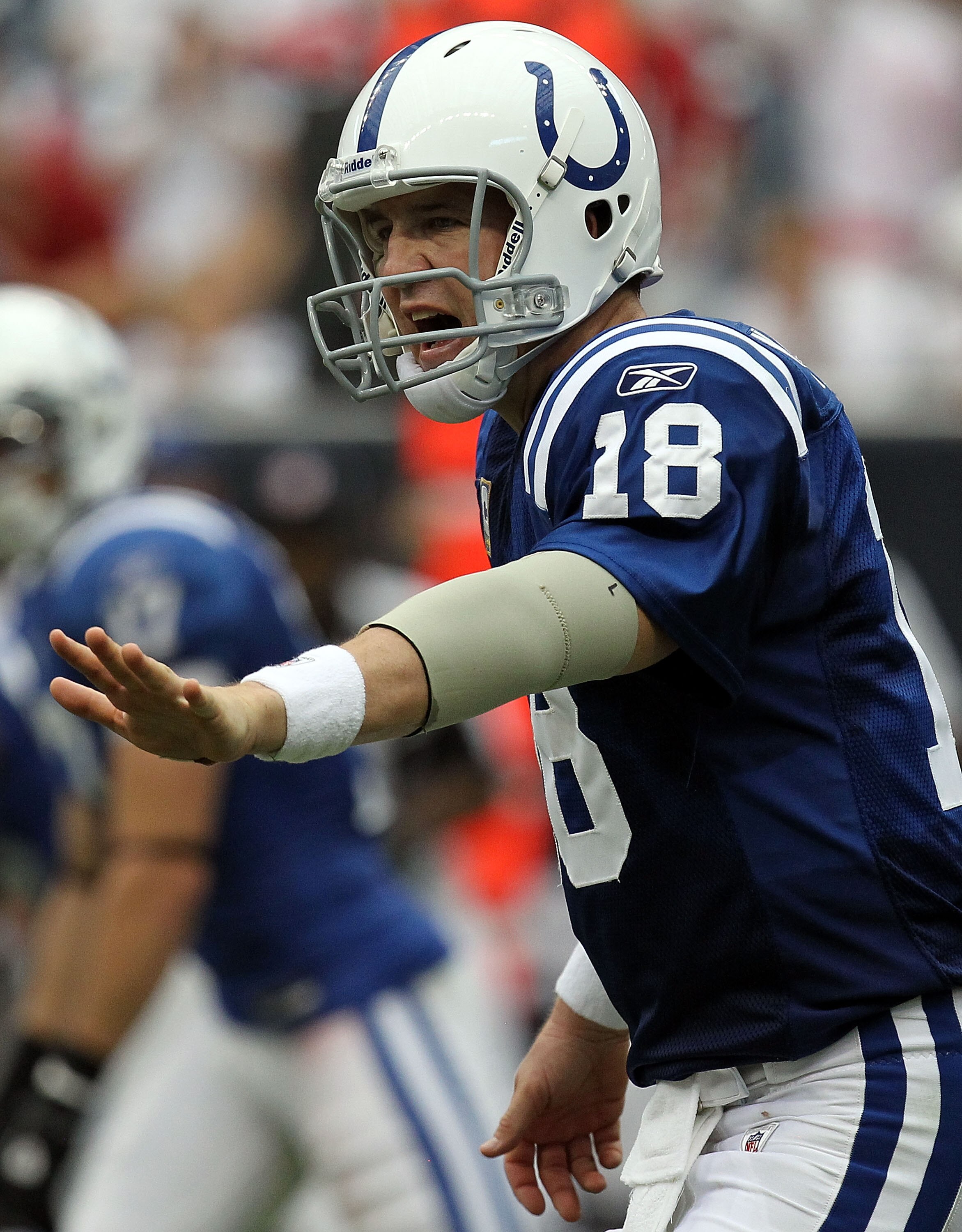 HOUSTON - SEPTEMBER 12:  Quarterback Peyton Manning #18 of the Indianapolis Colts in the NFL season opener against the Houston Texans at Reliant Stadium on September 12, 2010 in Houston, Texas.  (Photo by Ronald Martinez/Getty Images)