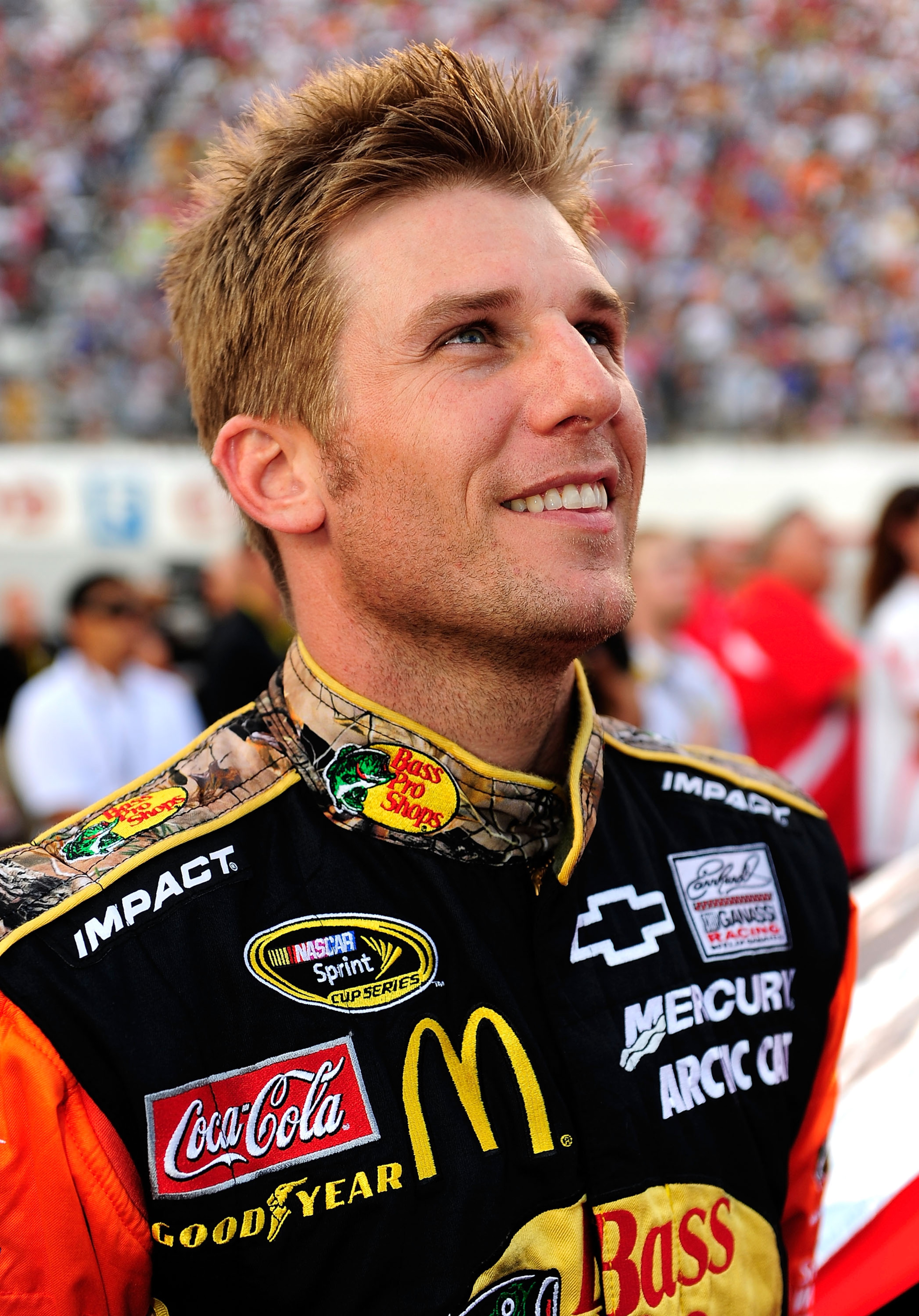 BRISTOL, TN - AUGUST 21: Jamie McMurray, driver of the #1 Bass Pro Shops/Tracker Boats Chevrolet, looks on during the pre race show prior to the start of the NASCAR Sprint Cup Series IRWIN Tools Night Race at Bristol Motor Speedway on August 21, 2010 in BRISTOL, TN - AUGUST 21: Jamie McMurray, driver of the #1 Bass Pro Shops/Tracker Boats Chevrolet, looks on during the pre race show prior to the start of the NASCAR Sprint Cup Series IRWIN Tools Night Race at Bristol Motor Speedway on August 21, 2010 in
