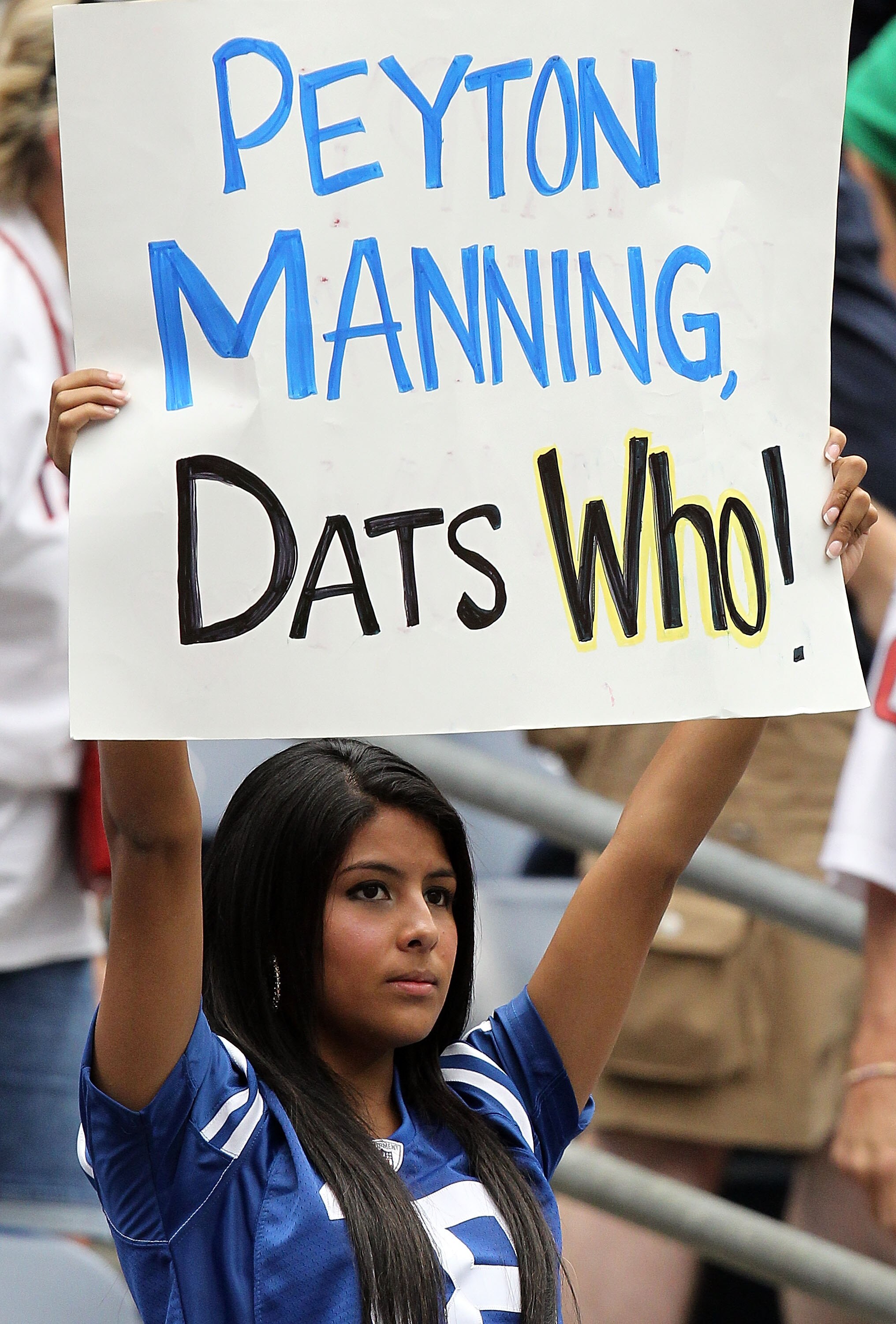 HOUSTON - SEPTEMBER 12: A fan of the Indianapolis Colts holds up a sign for Peyton Manning during the NFL season opener against the Houston Texans at Reliant Stadium on September 12, 2010 in Houston, Texas.  (Photo by Ronald Martinez/Getty Images)