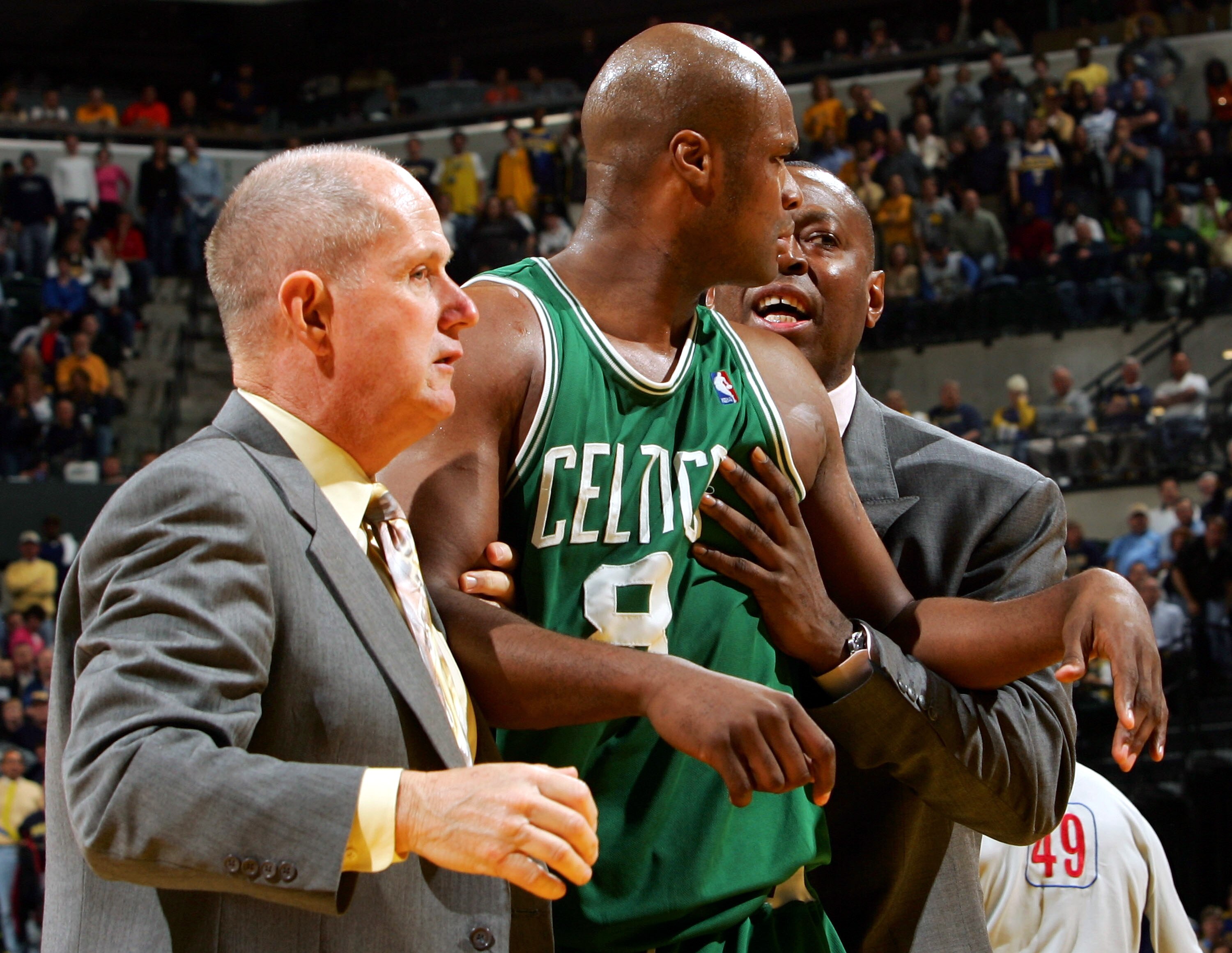 INDIANAPOLIS - APRIL 28: Antoine Walker #8 of the Boston Celtics is ejected from the game after he received his second technical foul in Game three of the Western Conference Quarterfinals during the 2005 NBA Playoffs on April 28, 2005 at Conseco Field Hou