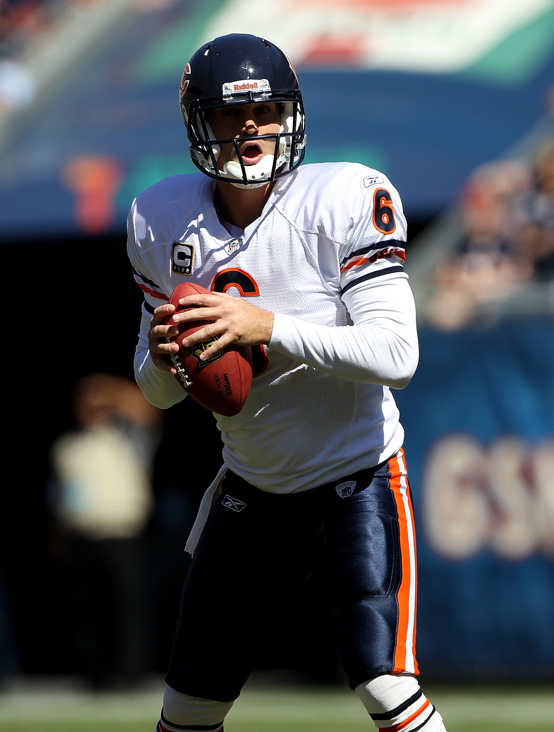 CHICAGO - SEPTEMBER 12: Jay Cutler #6 of the Chicago Bears looks for a receiver against the Detroit Lions during the NFL season opening game at Soldier Field on September 12, 2010 in Chicago, Illinois. The Bears defeated the Lions 19-14. (Photo by Jonatha
