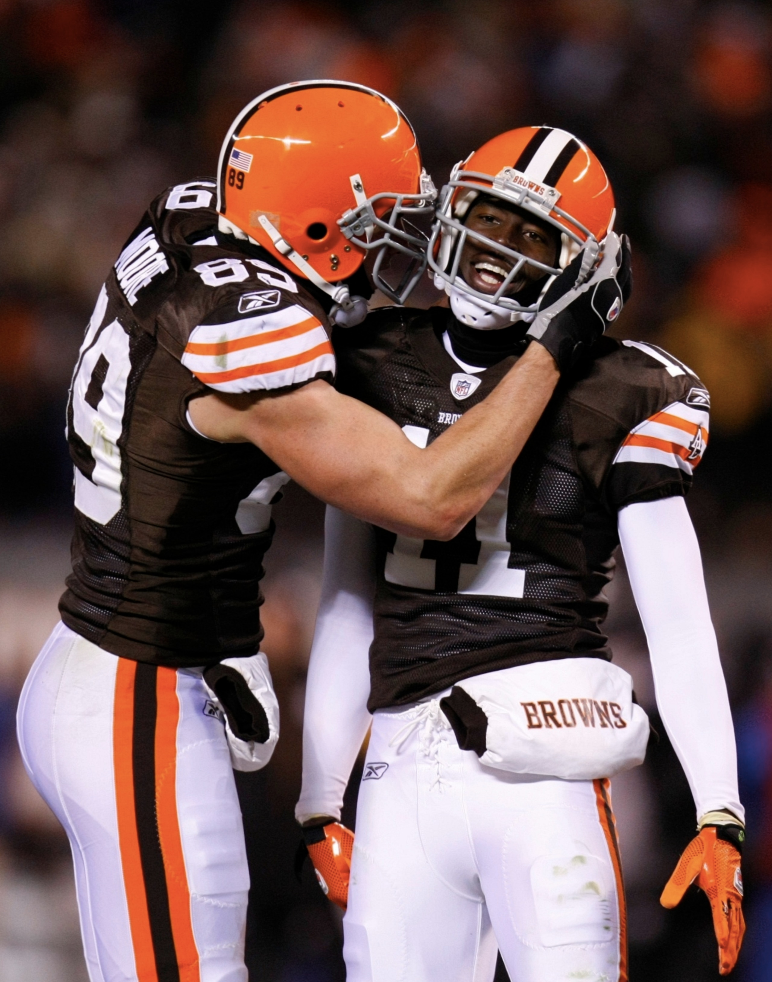 CLEVELAND - DECEMBER 10: Evan Moore #89 and Mohamed Massaquoi #11 of the Cleveland Browns celebrate after a catch against the Pittsburgh Steelers at Cleveland Browns Stadium on December 10, 2009 in Cleveland, Ohio. (Photo by Gregory Shamus/Getty Images)