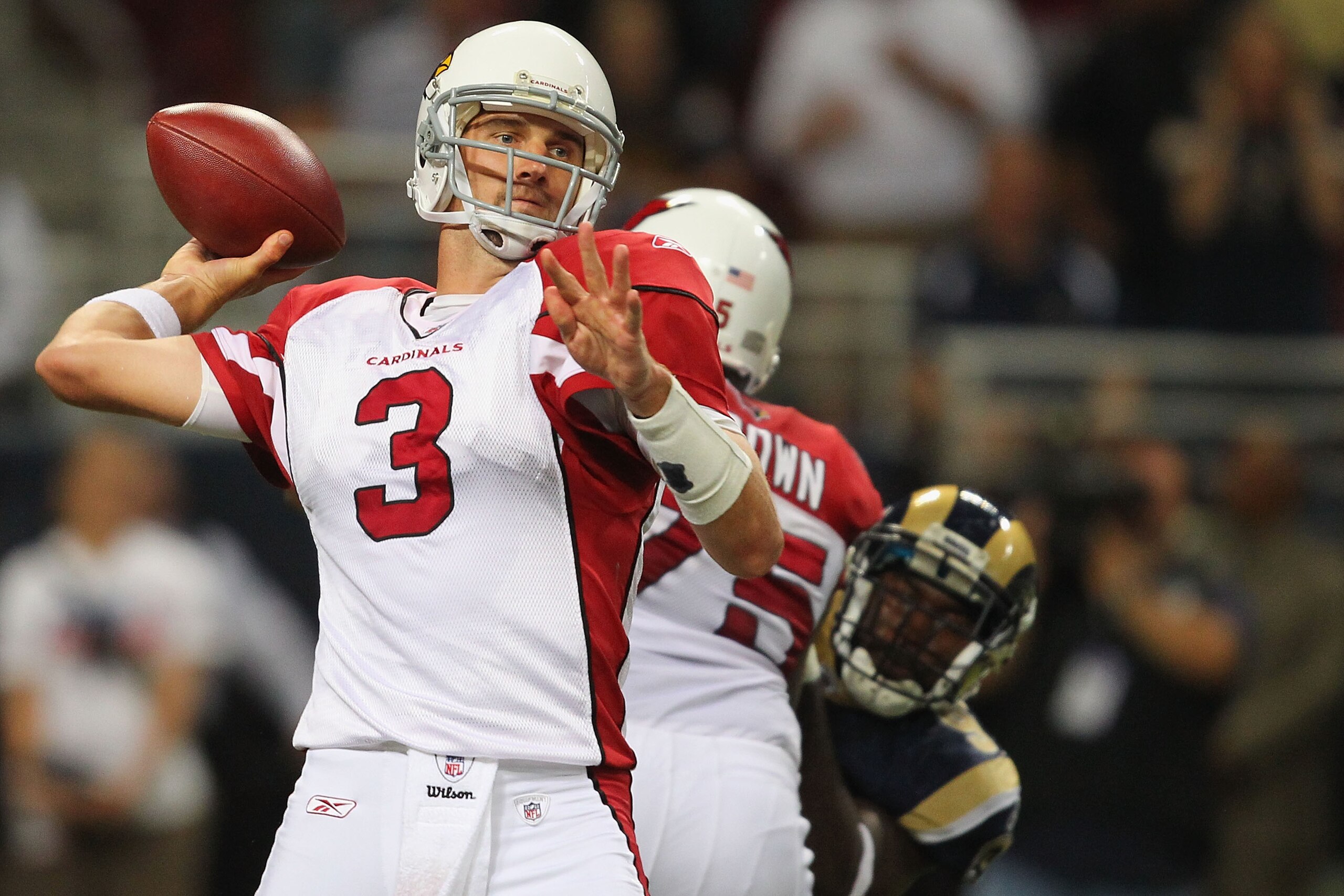 ST. LOUIS - SEPTEMBER 12: Derek Anderson #3 of the Arizona Cardinals passes against the St. Louis Rams during the NFL season opener at the Edward Jones Dome on September 12, 2010 in St. Louis, Missouri.  The Cardinals beat the Rams 17-13.  (Photo by Dilip