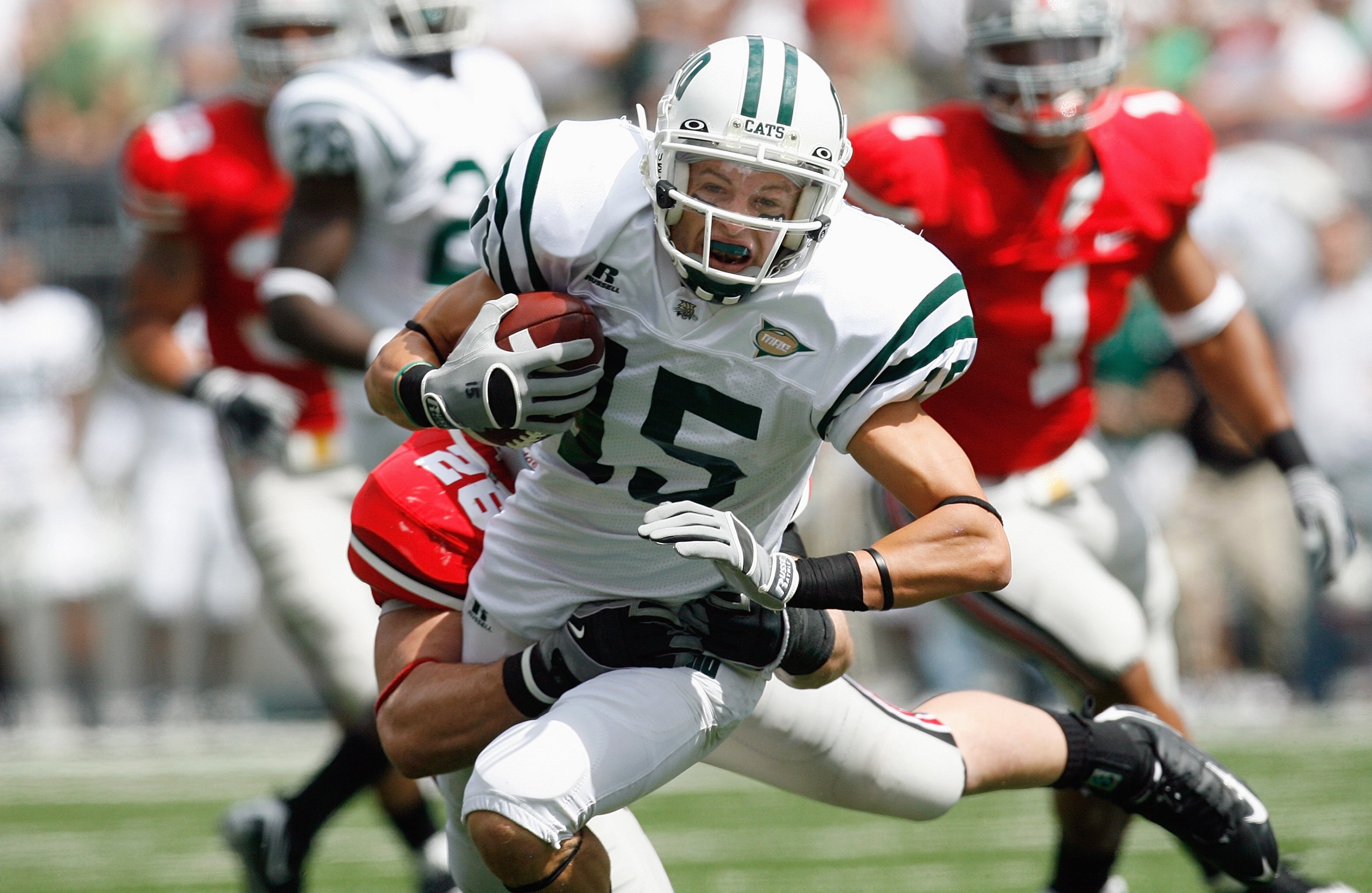COLUMBUS, OH - SEPTEMBER 06:  Riley Dunlop #15 of the Ohio Bobcats carries the ball during the game against the Ohio State Buckeyes at Ohio Stadium on September 6, 2008 in Columbus, Ohio.  (Photo by Kevin C. Cox/Getty Images)