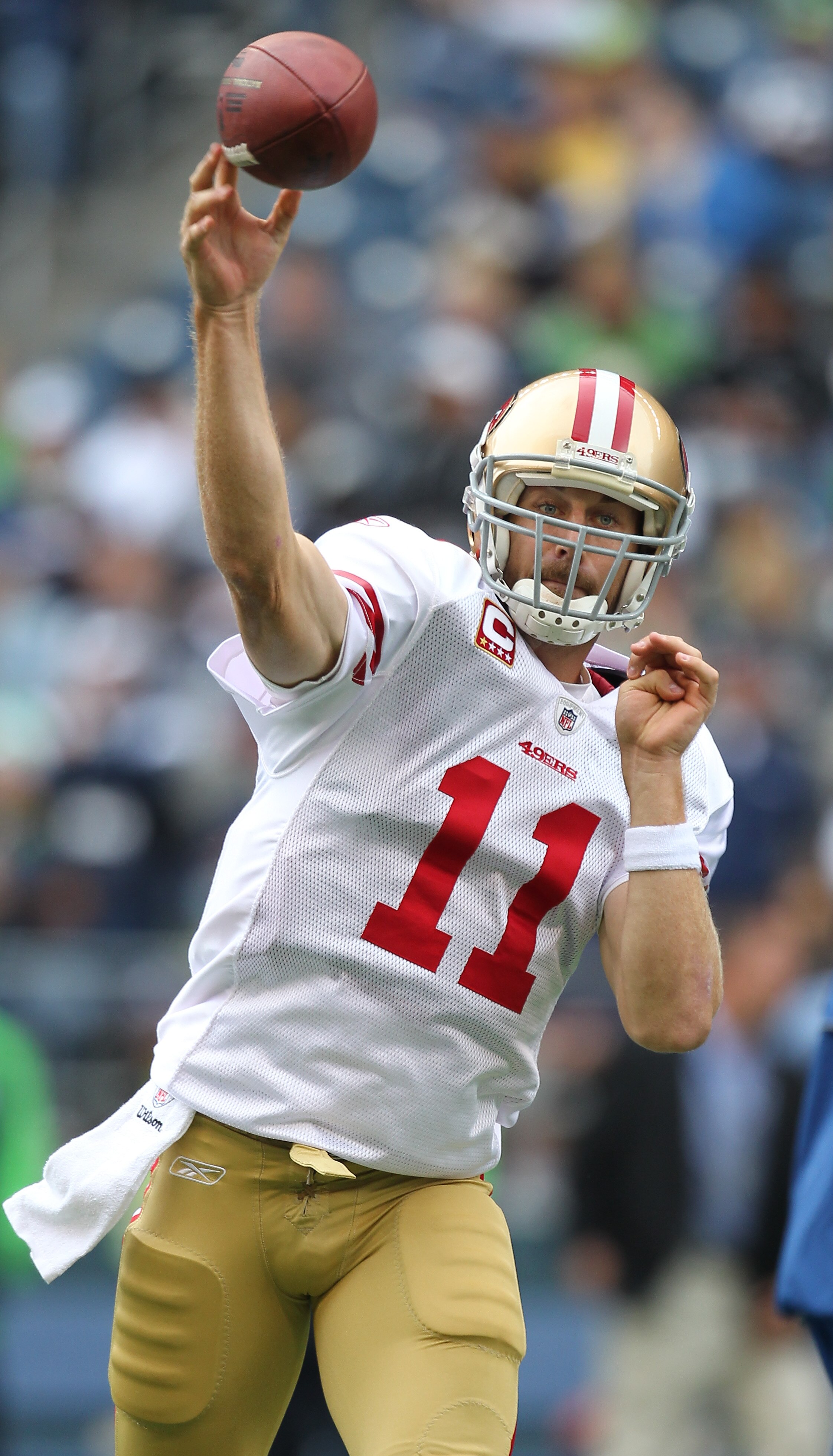 SEATTLE - SEPTEMBER 12:  Quarterback Alex Smith #11 of the San Francisco 49ers warms up prior to the NFL season opener against the Seattle Seahawks at Qwest Field on September 12, 2010 in Seattle, Washington. (Photo by Otto Greule Jr/Getty Images)