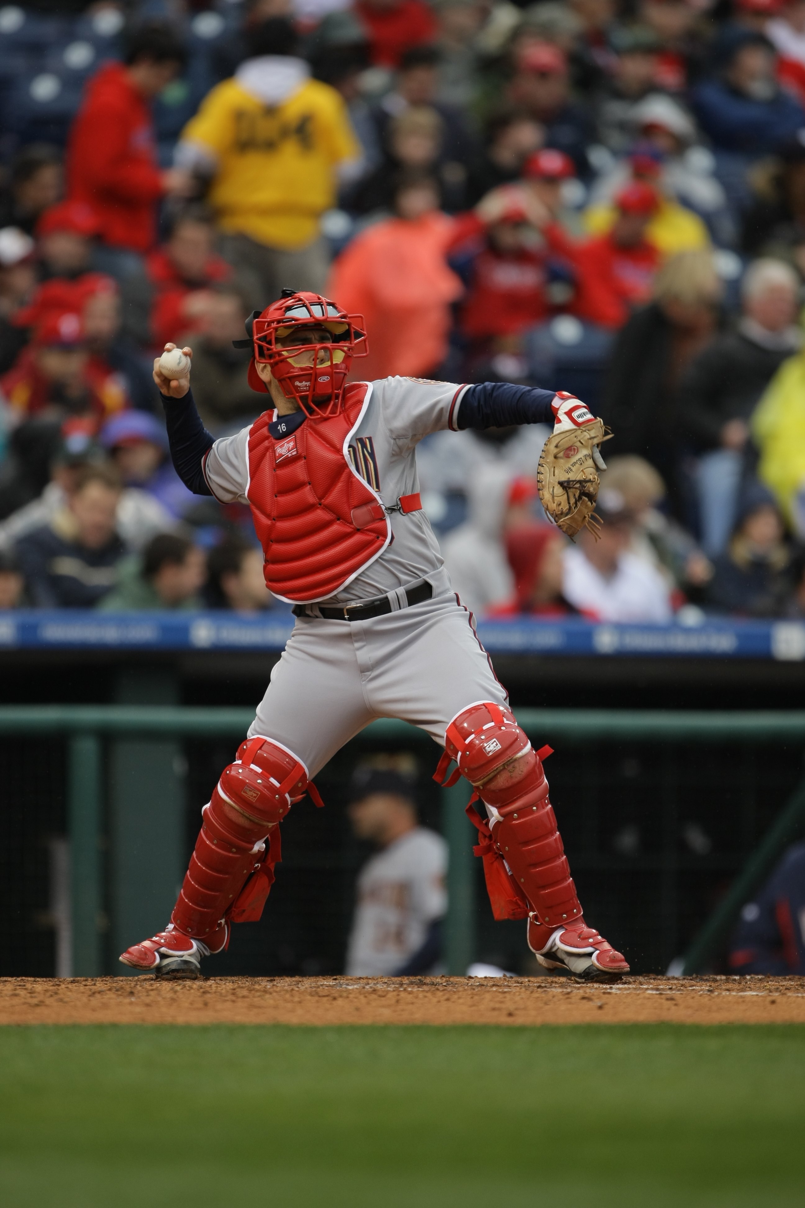 PHILADELPHIA - MARCH 31: Paul Lo Duca #16 of the Washington Nationals throws the ball during the game against the Philadelphia Phillies on opening day March 31, 2008 at Citizens Bank Park in Philadelphia, Pennsylvania. The Nationals won 11-6. (Photo by Dr