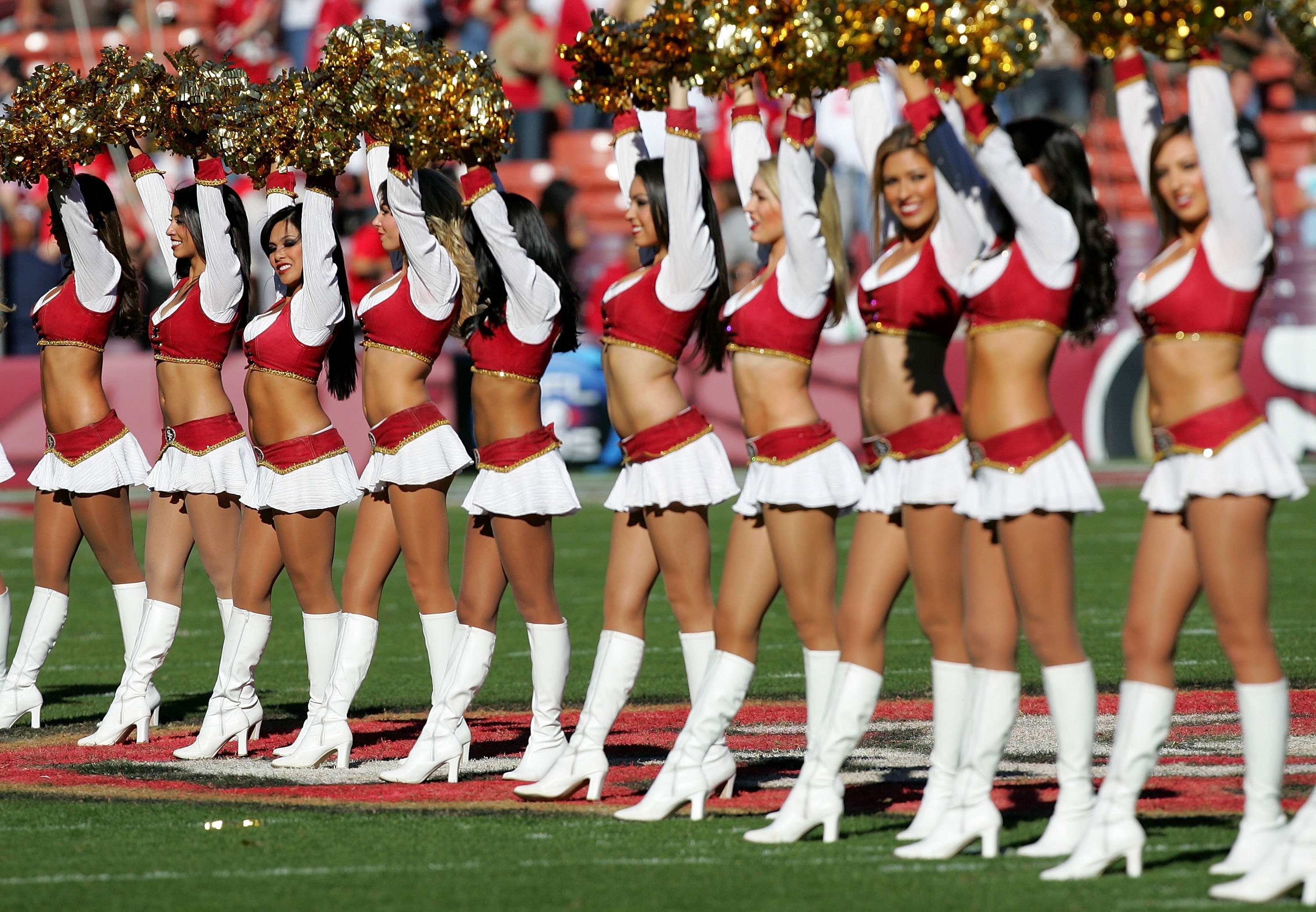SAN FRANCISCO - NOVEMBER 29:  The San Francisco 49ers cheerleaders preform before their game against the Jacksonville Jaguars at Candlestick Park on November 29, 2009 in San Francisco, California.  (Photo by Ezra Shaw/Getty Images)