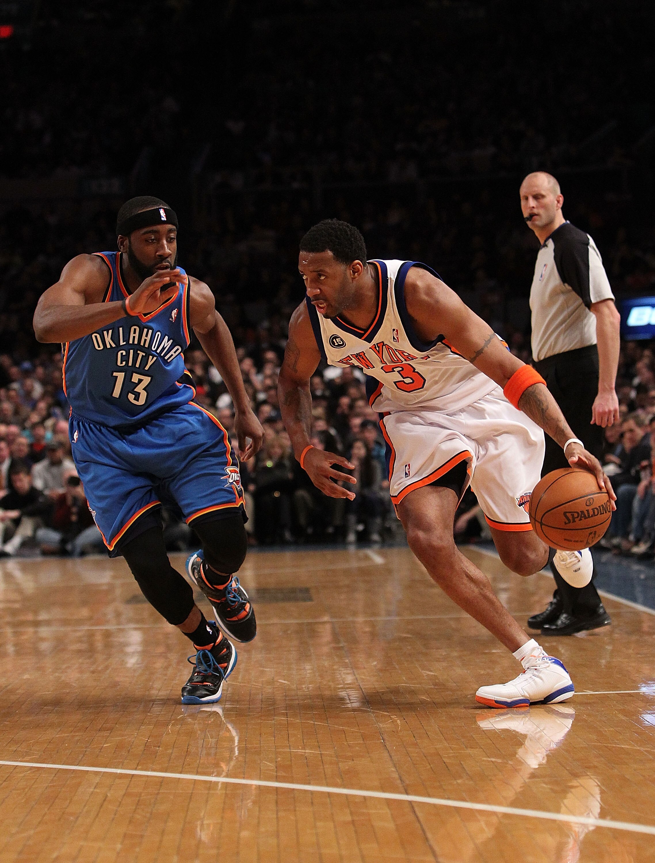 NEW YORK - FEBRUARY 20: Tracy McGrady #3 of the New York Knicks drives the ball against James Harden #13 of the Oklahoma City Thunder at Madison Square Garden on February 20, 2010 in New York, New York. NOTE TO USER: User expressly acknowledges and agrees
