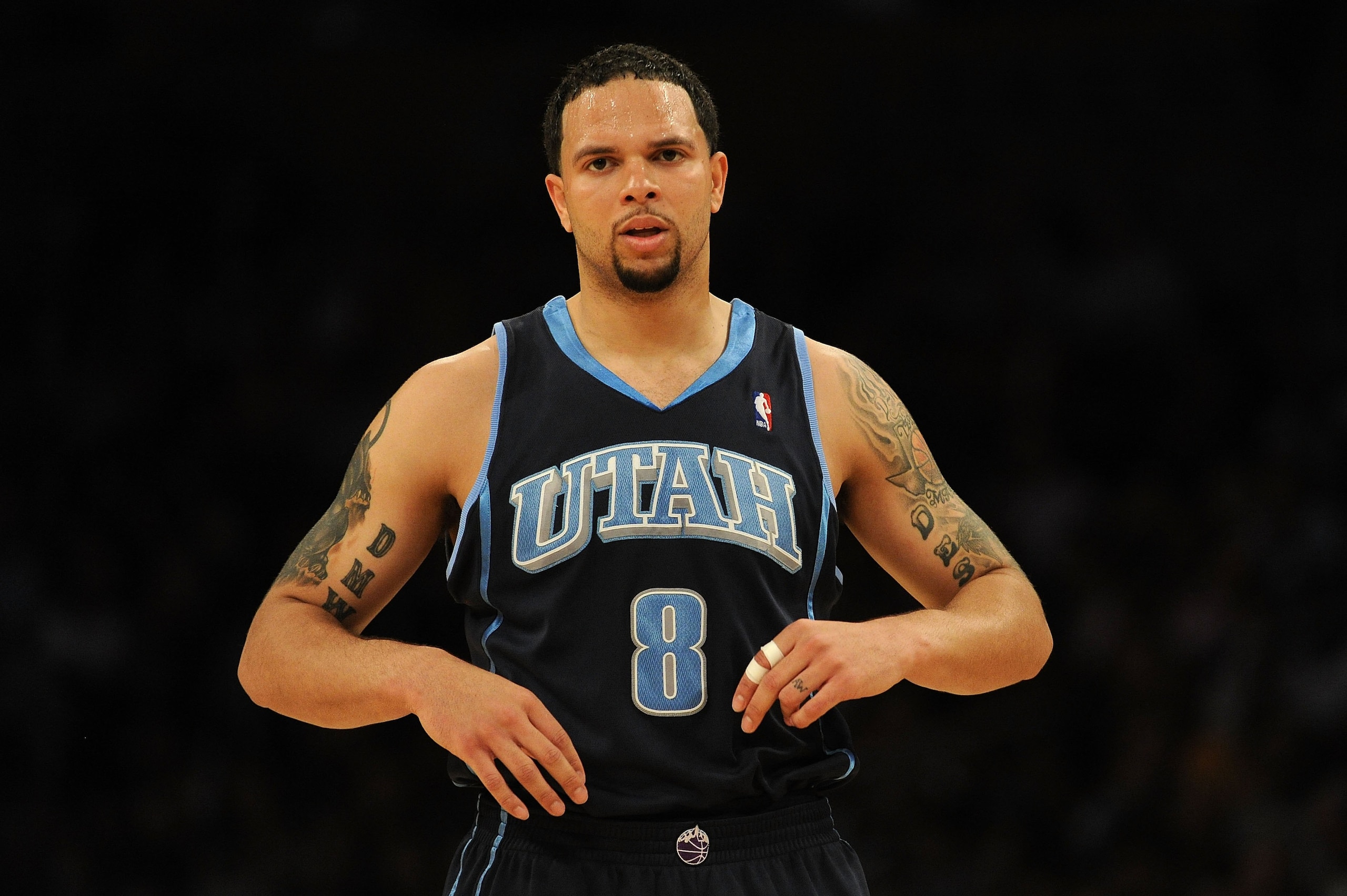 LOS ANGELES, CA - MAY 04:  Deron Williams #8 of the Utah Jazz stands on the court during Game Two of the Western Conference Semifinals against the Los Angeles Lakers during the 2010 NBA Playoffs at Staples Center on May 4, 2010 in Los Angeles, California.