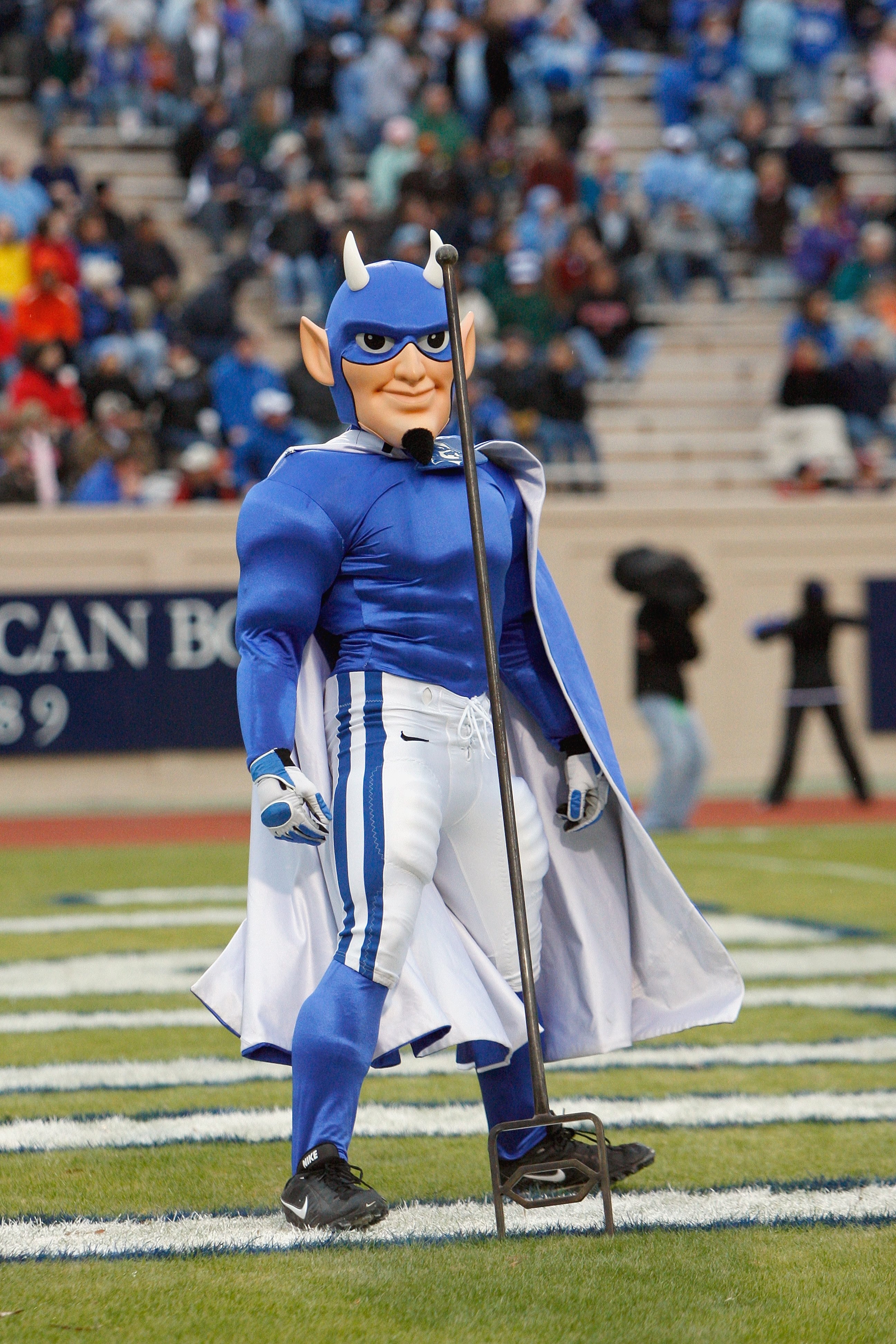 DURHAM, NC - NOVEMBER 29:  The mascot of the Duke Blue Devils throws his pitchfork into the endzone during the game against the North Carolina Tar Heels at Wallace Wade Stadium on November 29, 2008 in Durham, North Carolina. (Photo by Kevin C. Cox/Getty I