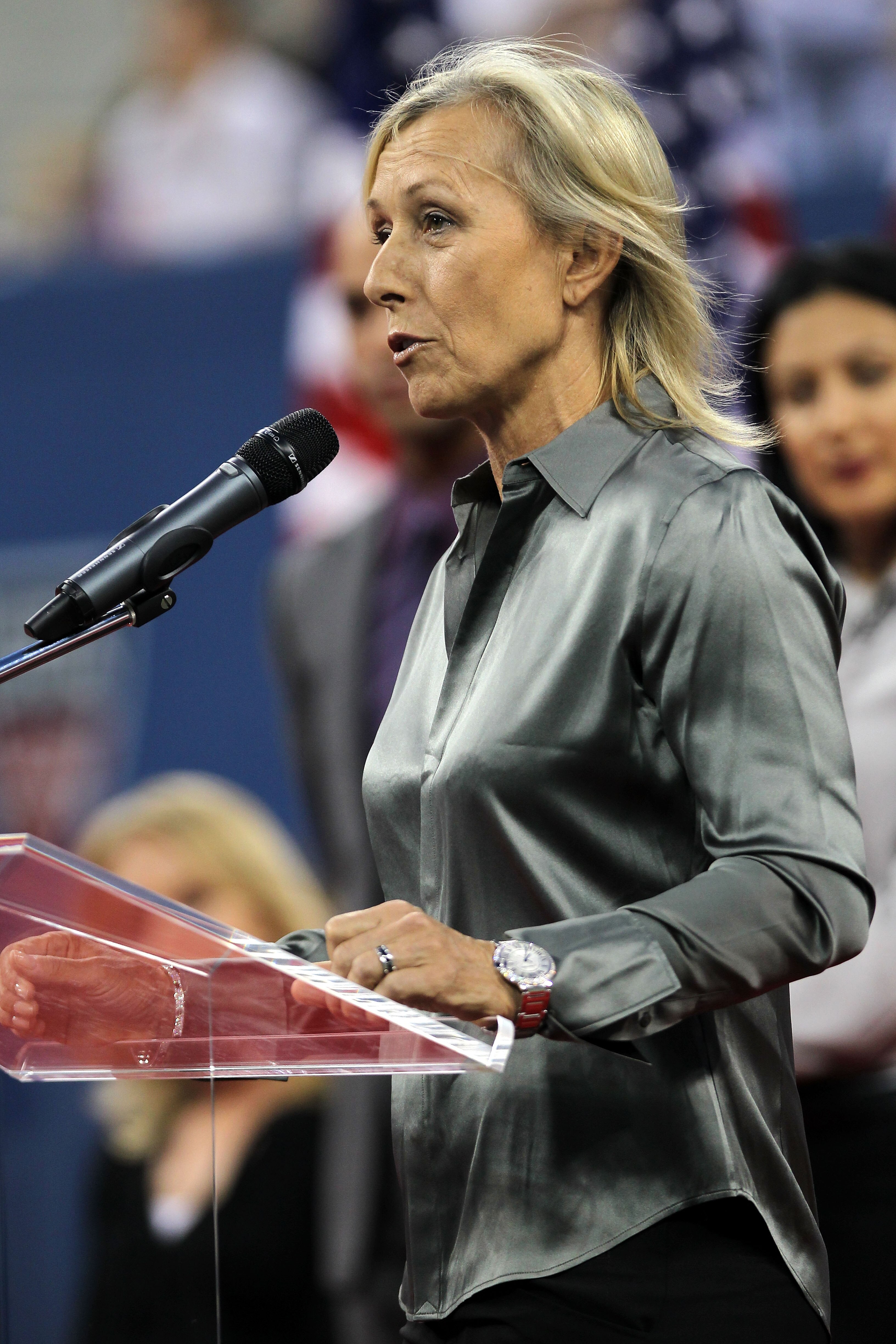 NEW YORK - AUGUST 30: Tennis great Martina Navratilova speaks during the opening ceremony of the 2010 U.S. Open at the USTA Billie Jean King National Tennis Center on August 30, 2010 in the Flushing neighborhood of the Queens borough of New York City. ( NEW YORK - AUGUST 30: Tennis great Martina Navratilova speaks during the opening ceremony of the 2010 U.S. Open at the USTA Billie Jean King National Tennis Center on August 30, 2010 in the Flushing neighborhood of the Queens borough of New York City. (