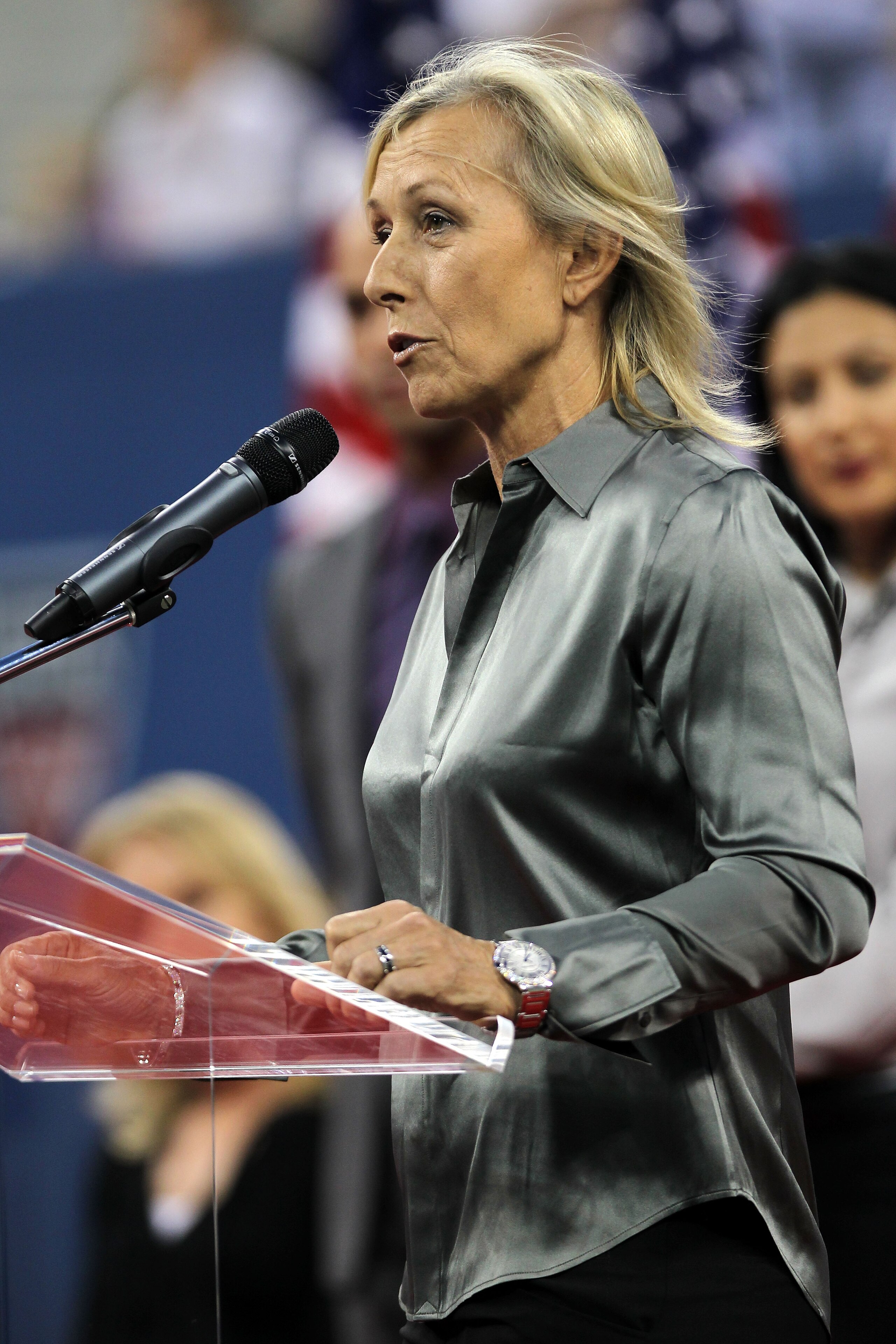 NEW YORK - AUGUST 30: Tennis great Martina Navratilova speaks during the opening ceremony of the 2010 U.S. Open at the USTA Billie Jean King National Tennis Center on August 30, 2010 in the Flushing neighborhood of the Queens borough of New York City. ( NEW YORK - AUGUST 30: Tennis great Martina Navratilova speaks during the opening ceremony of the 2010 U.S. Open at the USTA Billie Jean King National Tennis Center on August 30, 2010 in the Flushing neighborhood of the Queens borough of New York City. (