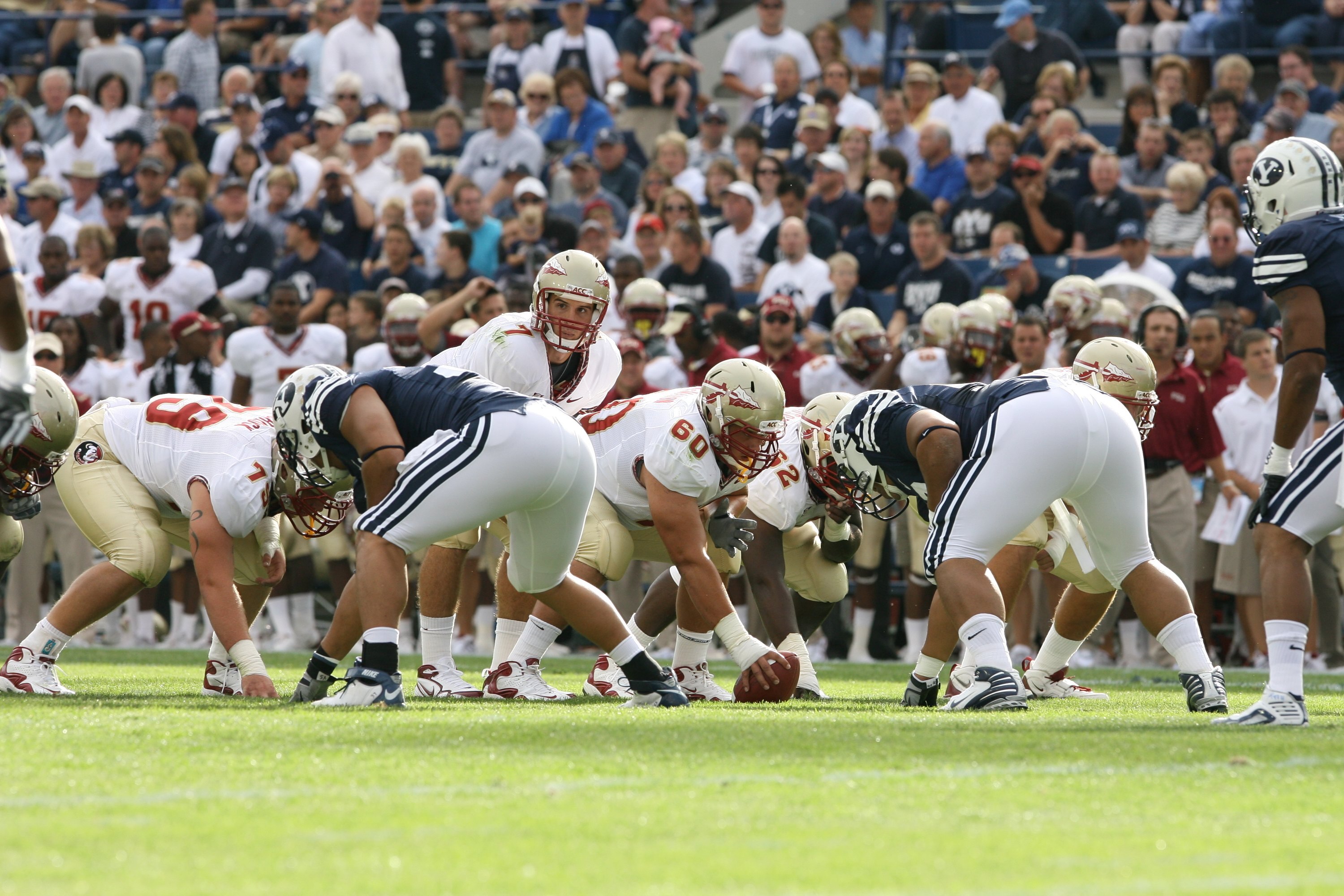 PROVO, UT - SEPTEMBER 19:  Florida State Seminoles line up for the play against  Brigham Young University Cougars at La Vell Edwards Stadium on September 19, 2009 in Provo, Utah.  (Photo by Melissa Majchrzak via Getty Images)