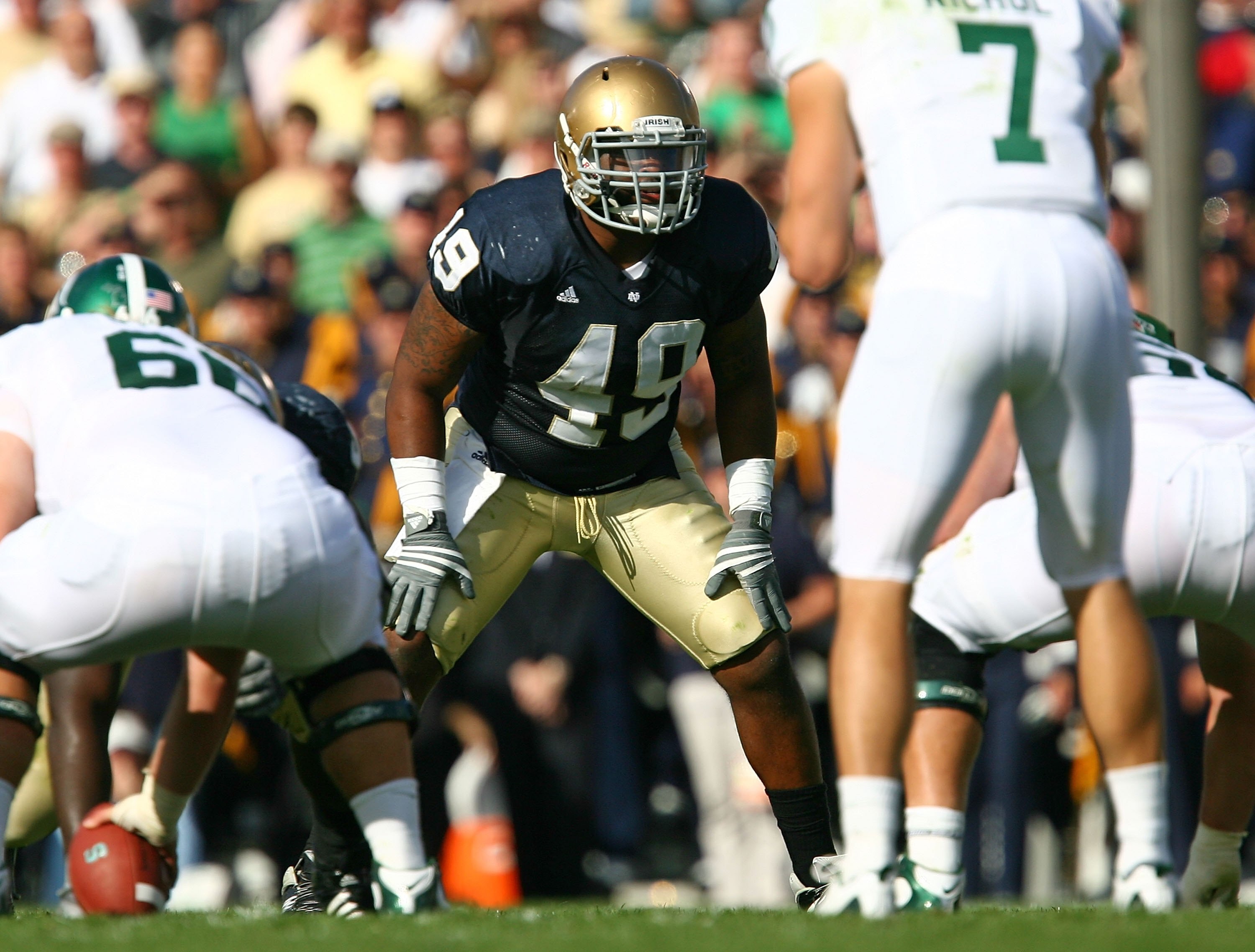 SOUTH BEND, IN - SEPTEMBER 19: Toryan Smith #49 of the Notre Dame Fighting Irish awaits the start of play against the Michigan State Spartans on September 19, 2009 at Notre Dame Stadium in South Bend, Indiana. Notre Dame defeated Michigan State 33-30. (Ph