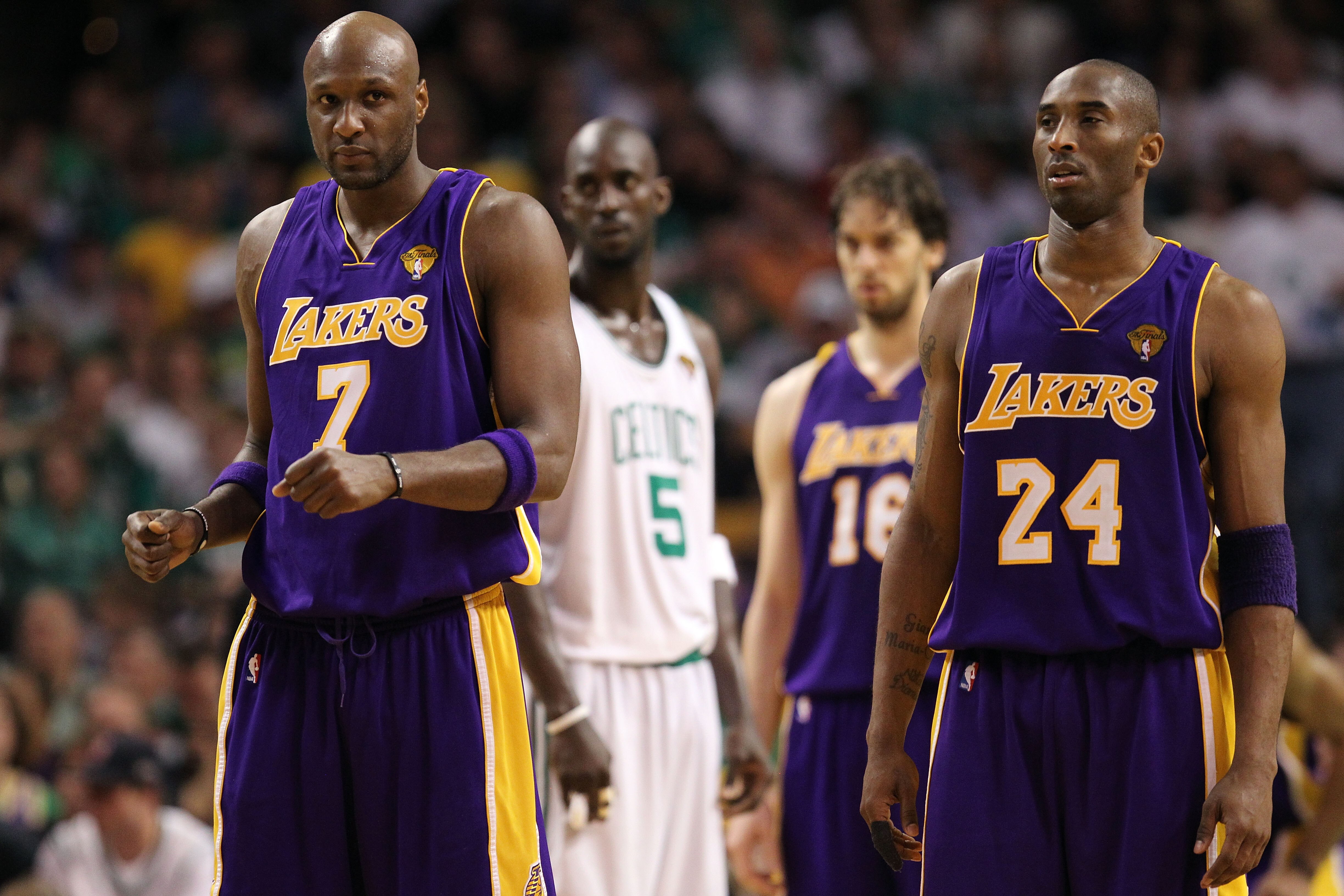 BOSTON - JUNE 10:  Lamar Odom #7 and Kobe Bryant #24 of the Los Angeles Lakers stand on the court during the game against the Boston Celtics during Game Four of the 2010 NBA Finals on June 10, 2010 at TD Garden in Boston, Massachusetts. NOTE TO USER: User