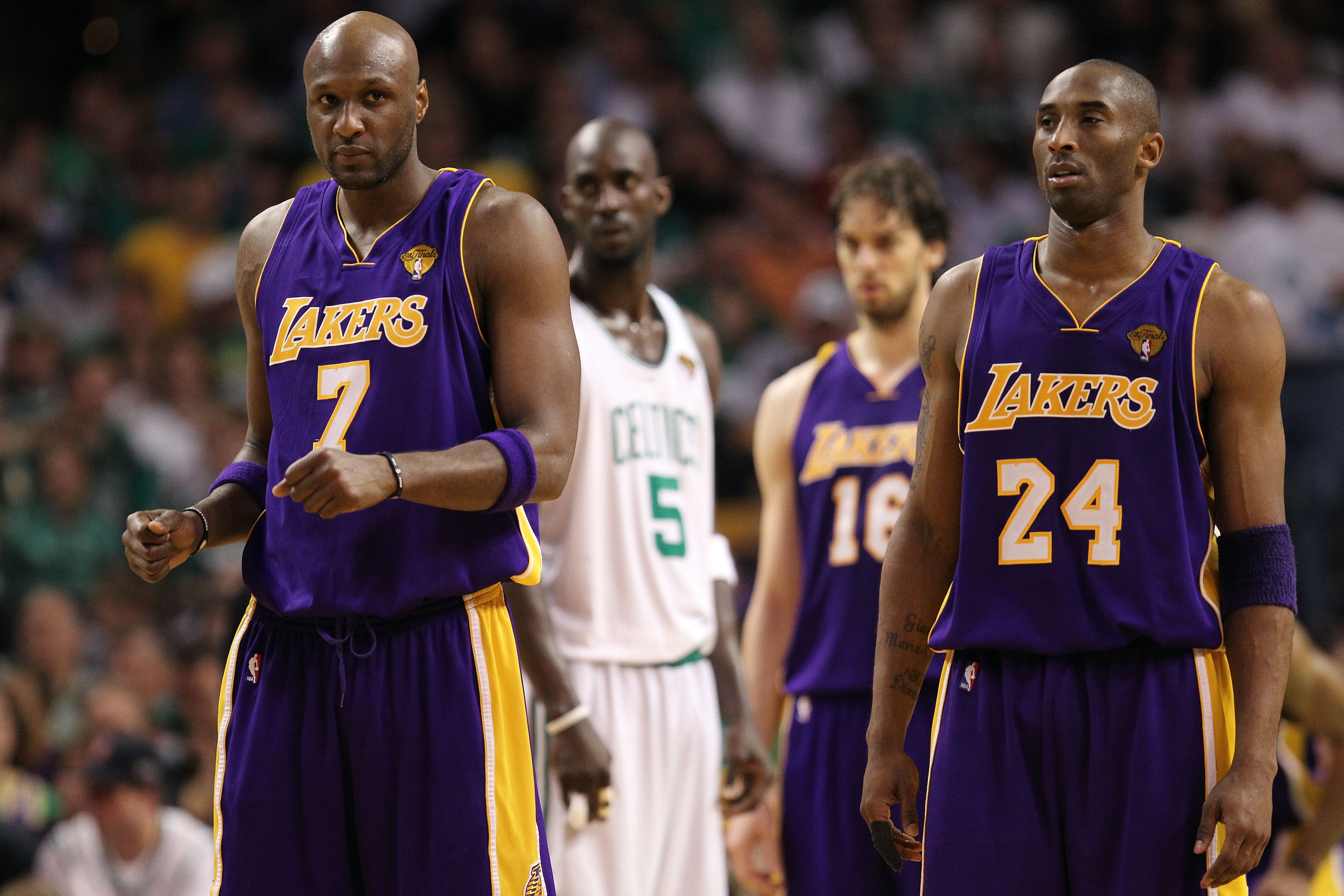 BOSTON - JUNE 10:  Lamar Odom #7 and Kobe Bryant #24 of the Los Angeles Lakers stand on the court during the game against the Boston Celtics during Game Four of the 2010 NBA Finals on June 10, 2010 at TD Garden in Boston, Massachusetts. NOTE TO USER: User