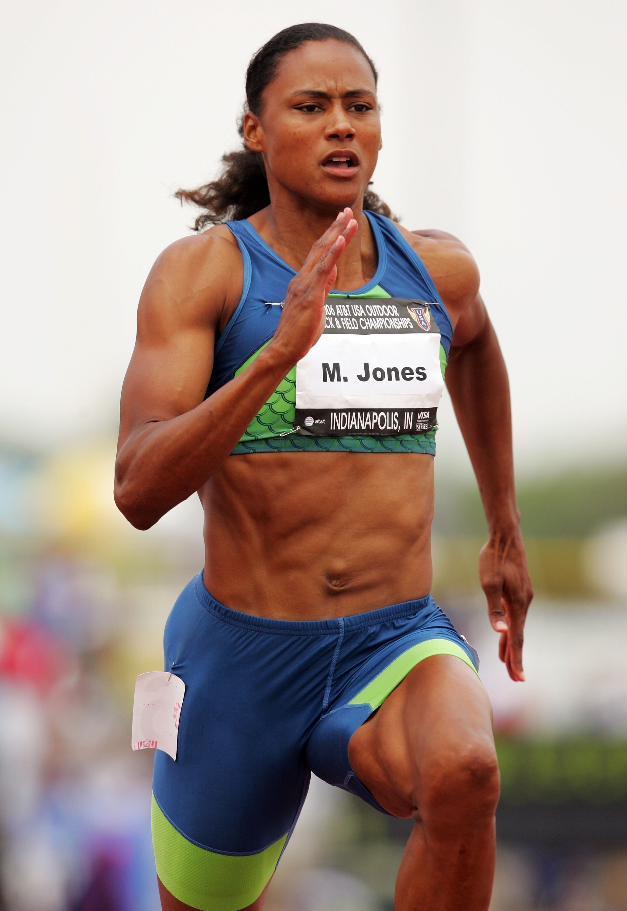 INDIANAPOLIS - JUNE 23: (FILE PHOTO) Marion Jones runs in a preliminary heat for the women's 100 meter dash during day two of the AT&T USA Outdoor Track and Field Championships at Indiana University Track and Field Stadium on June 23, 2006 in Indianapoli INDIANAPOLIS - JUNE 23: (FILE PHOTO) Marion Jones runs in a preliminary heat for the women's 100 meter dash during day two of the AT&T USA Outdoor Track and Field Championships at Indiana University Track and Field Stadium on June 23, 2006 in Indianapoli