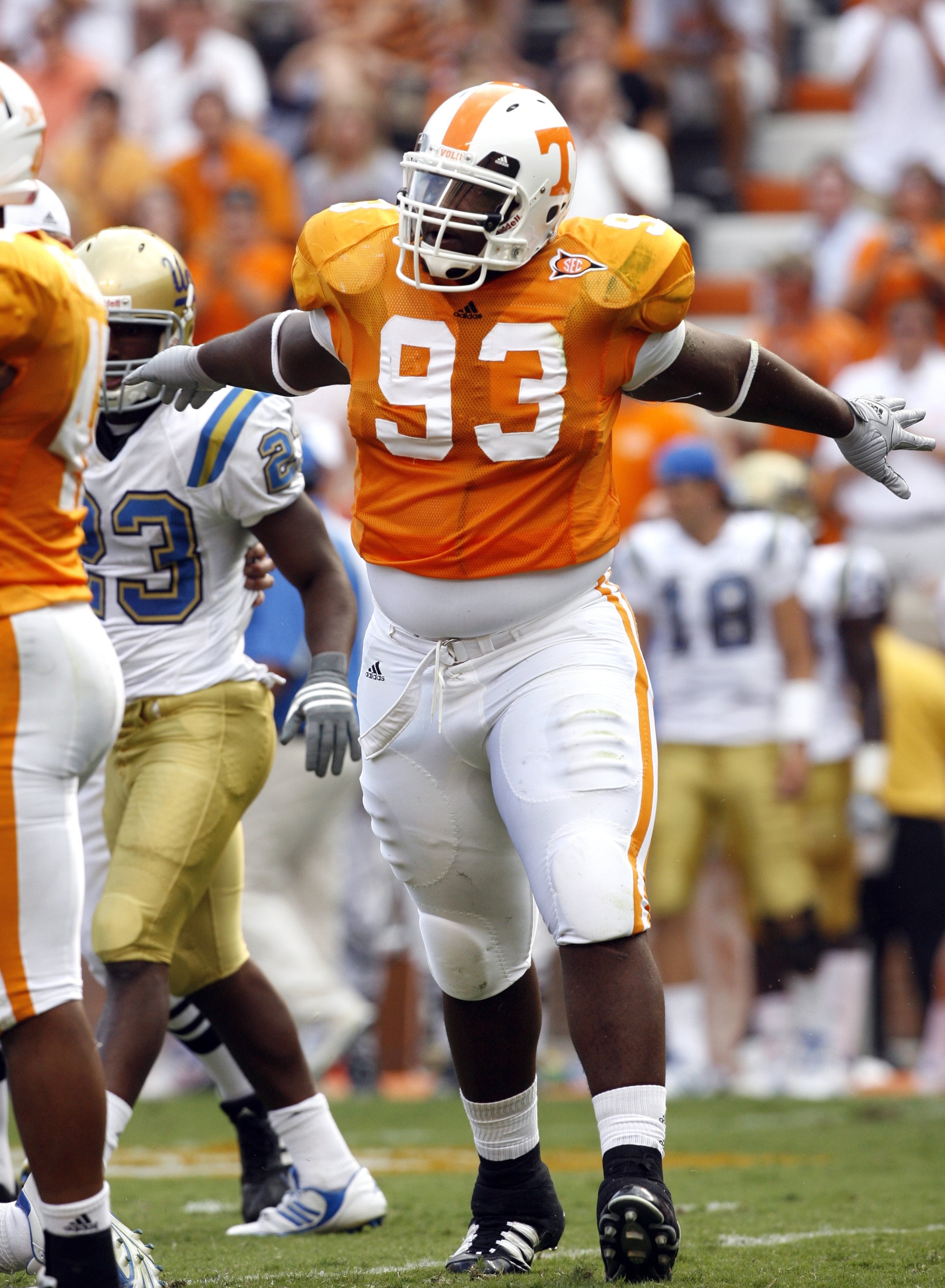 KNOXVILLE, TN - SEPTEMBER 12: Montori Hughes #93 of the Tennessee Volunteers celebrates after a sack against the UCLA Bruins on September 12, 2009 at Neyland Stadium in Knoxville, Tennessee. UCLA beat Tennessee 19-15. (Photo by Joe Murphy/Getty Images)
