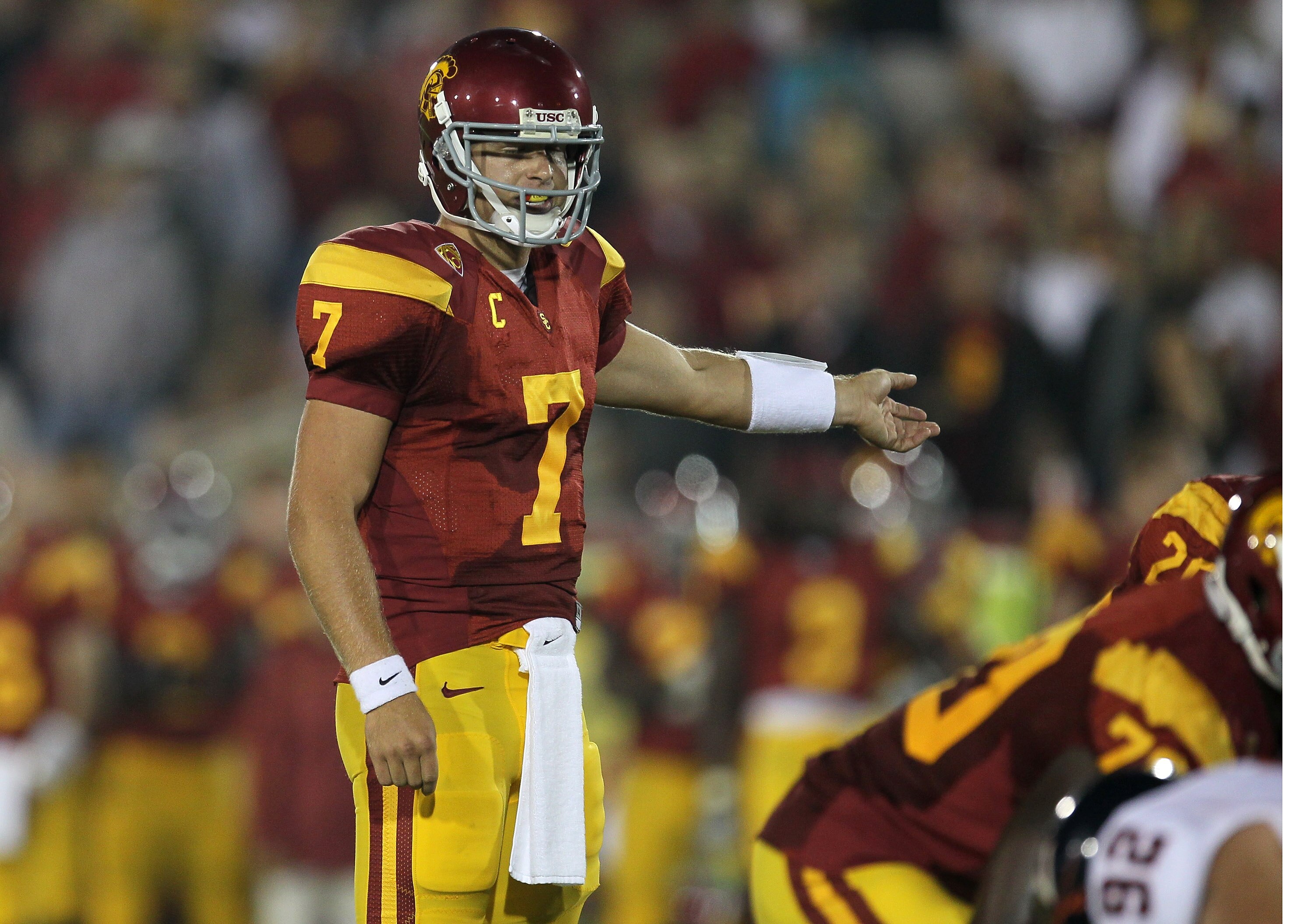 LOS ANGELES, CA - SEPTEMBER 11:  Quarterback Matt Barkley #7 of the USC Trojans calls signals against the Virginia Cavaliers at Los Angeles Memorial Coliseum on September 11, 2010 in Los Angeles, California. USC won 17-14.  (Photo by Stephen Dunn/Getty Im