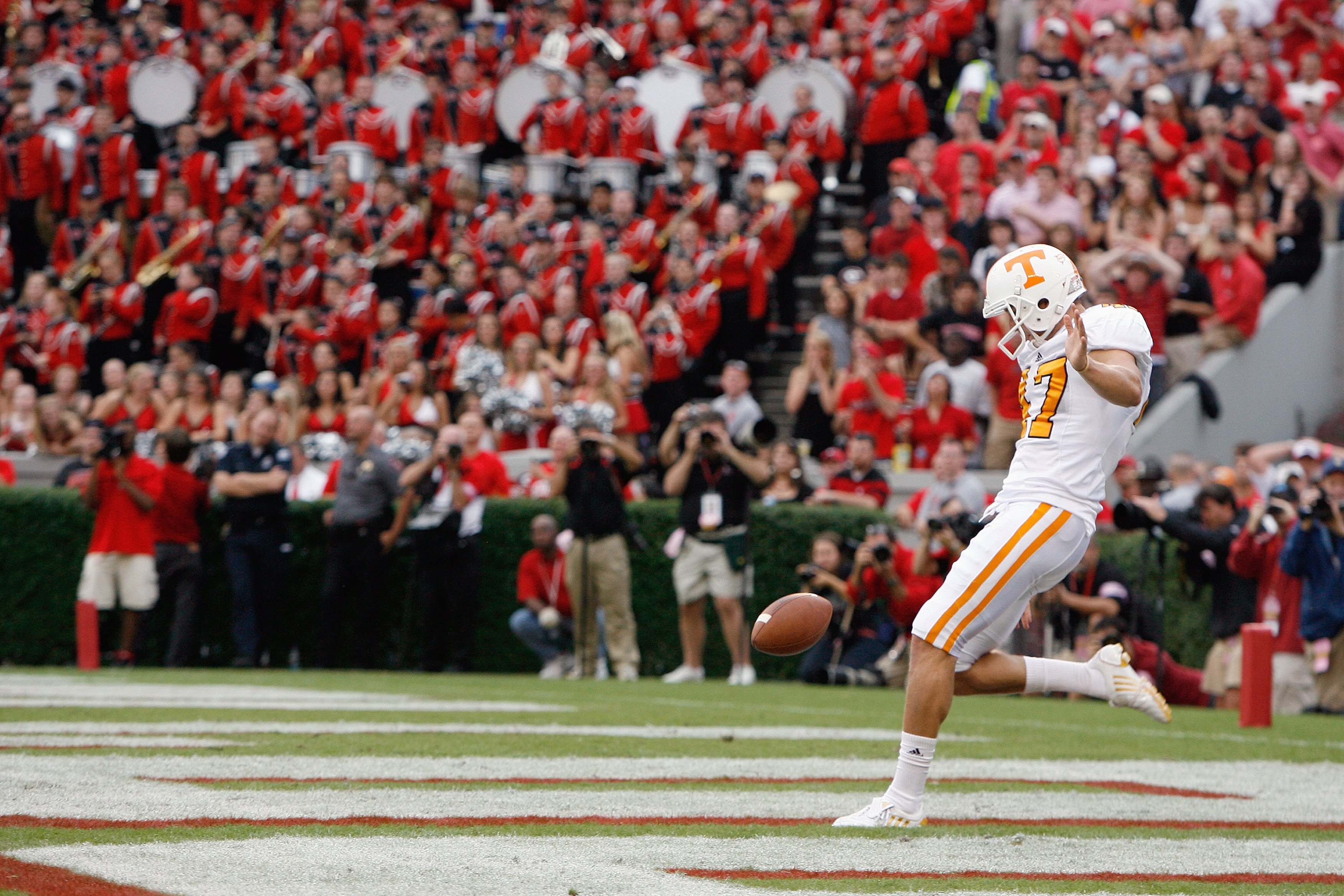 ATHENS, GA - OCTOBER 11:  Britton Colquitt #47 of the Tennessee Volunteers punts the ball during the game against the Georgia Bulldogs at Sanford Stadium on October 11, 2008 in Athens, Georgia.  (Photo by Kevin C. Cox/Getty Images)
