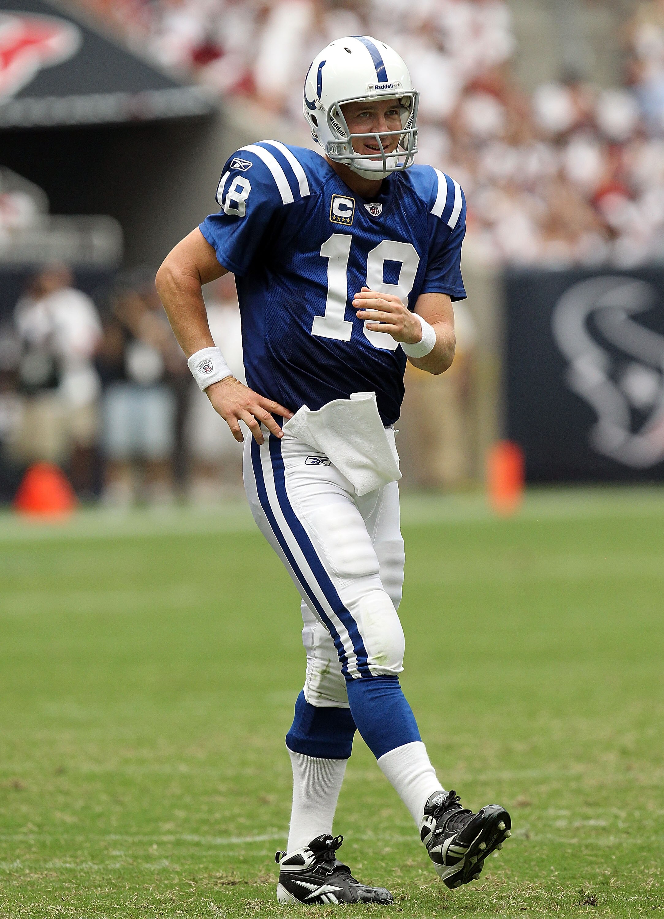 HOUSTON - SEPTEMBER 12:  Quarterback Peyton Manning #18 of the Indianapolis Colts in the NFL season opener against the Houston Texans at Reliant Stadium on September 12, 2010 in Houston, Texas.  (Photo by Ronald Martinez/Getty Images)