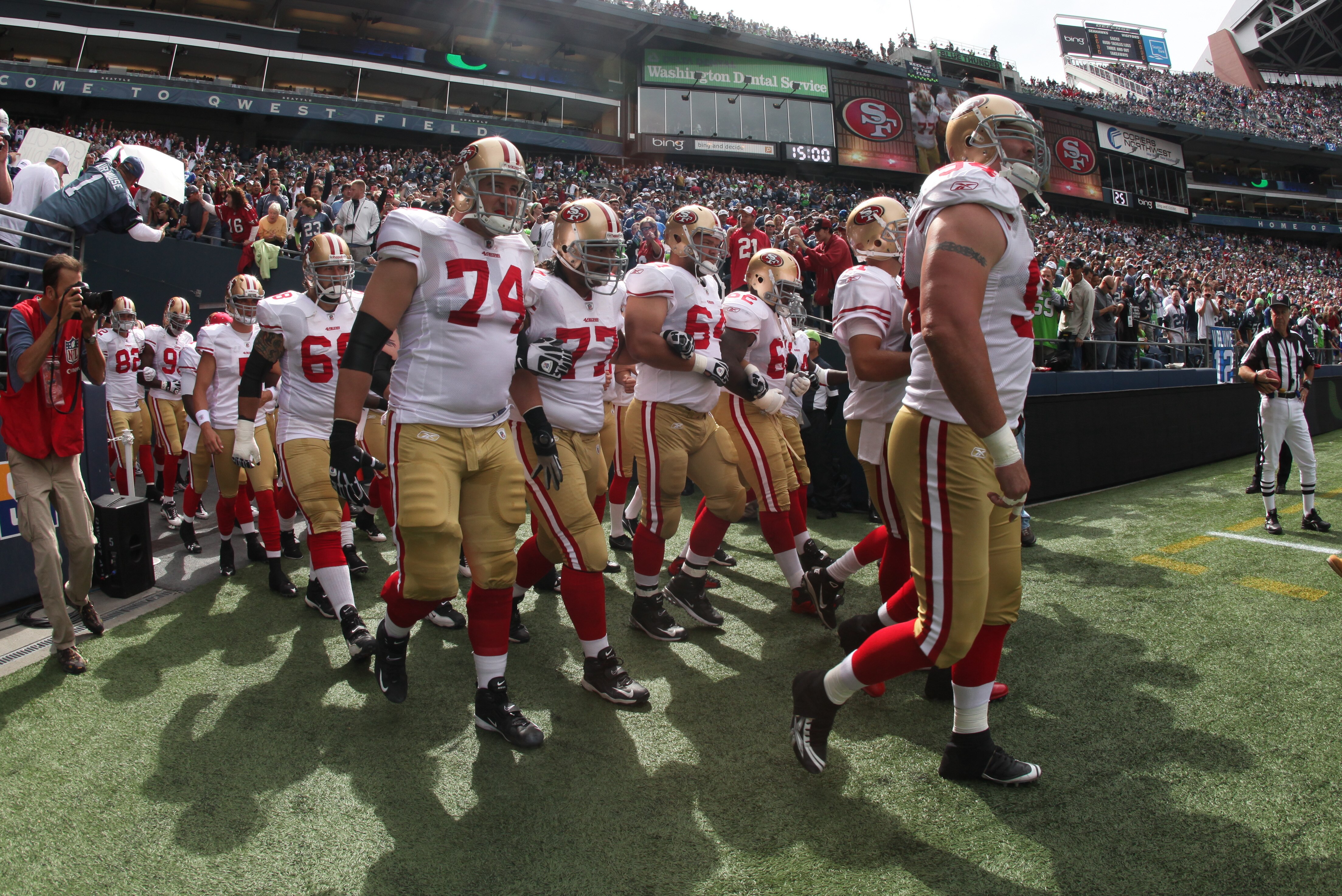 SEATTLE - SEPTEMBER 12:  The San Francisco 49ers take the field prior to the NFL season opener against the Seattle Seahawks at Qwest Field on September 12, 2010 in Seattle, Washington. (Photo by Otto Greule Jr/Getty Images)