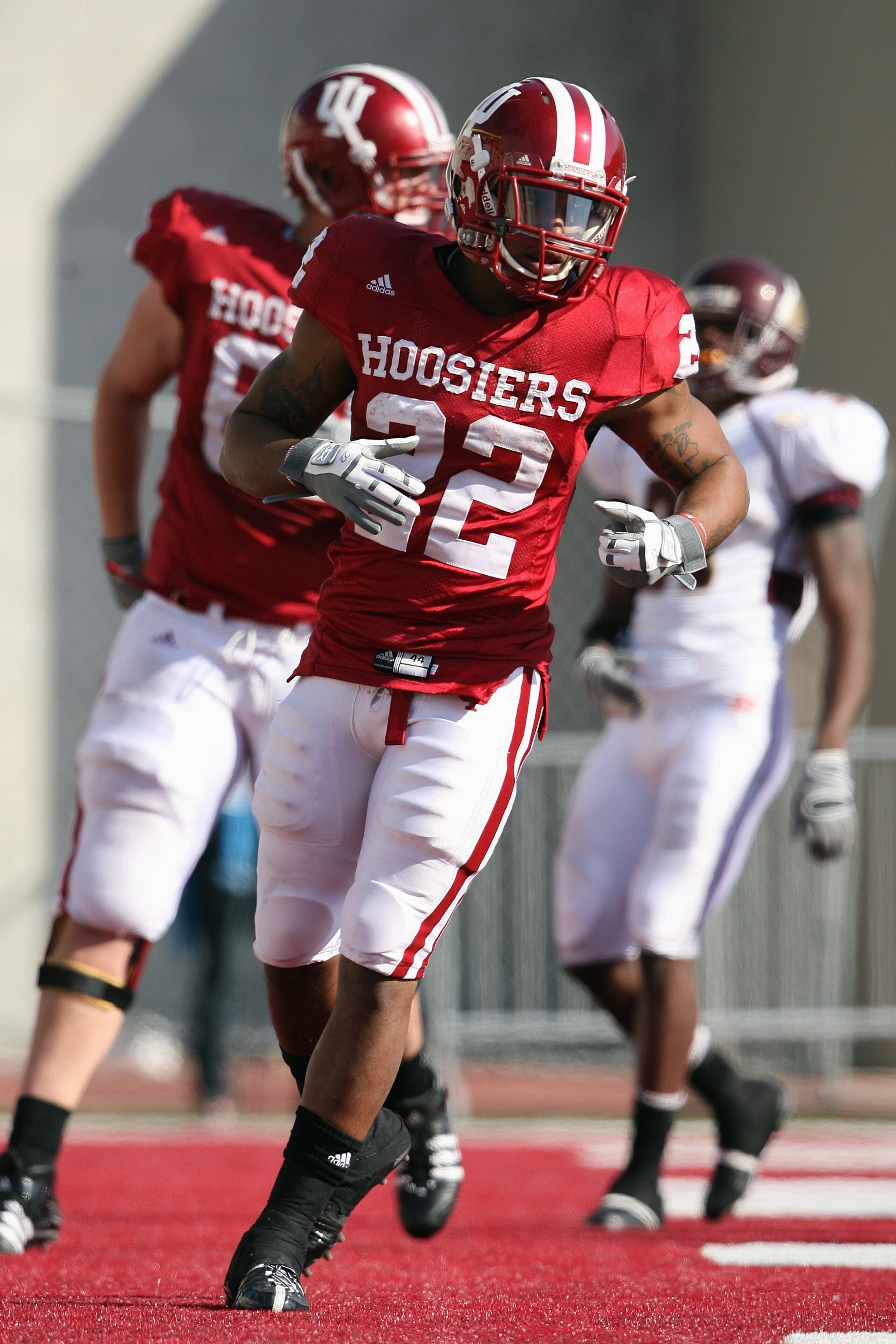 BLOOMINGTON, IN - NOVEMBER 01:  Demetrius McCray #22 of the Indiana Hooisers celebrates his touchdown during the game against the Central Michigan Chippewas at Memorial Stadium on November 1, 2008 in Bloomington, Indiana.  (Photo by Andy Lyons/Getty Image