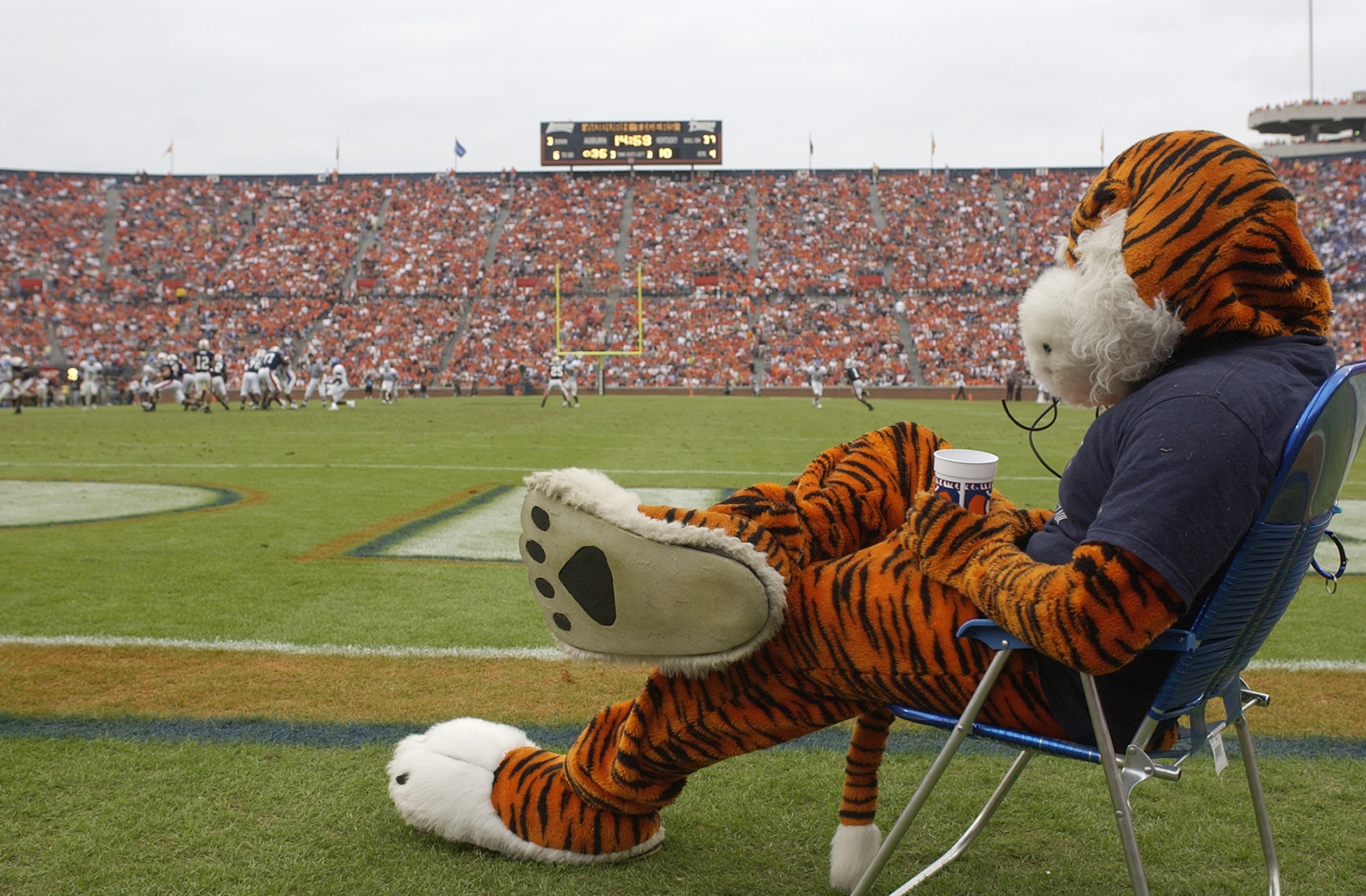 AUBURN, AL - OCTOBER 23:  Aubie, the mascot of the Auburn University Tigers, rests during the game against the University of Kentucky Wildcats on October 23, 2004 at Jordan-Hare stadium in Auburn, Alabama.  Auburn defeated Kentucky 41-10.  (Photo by Chris