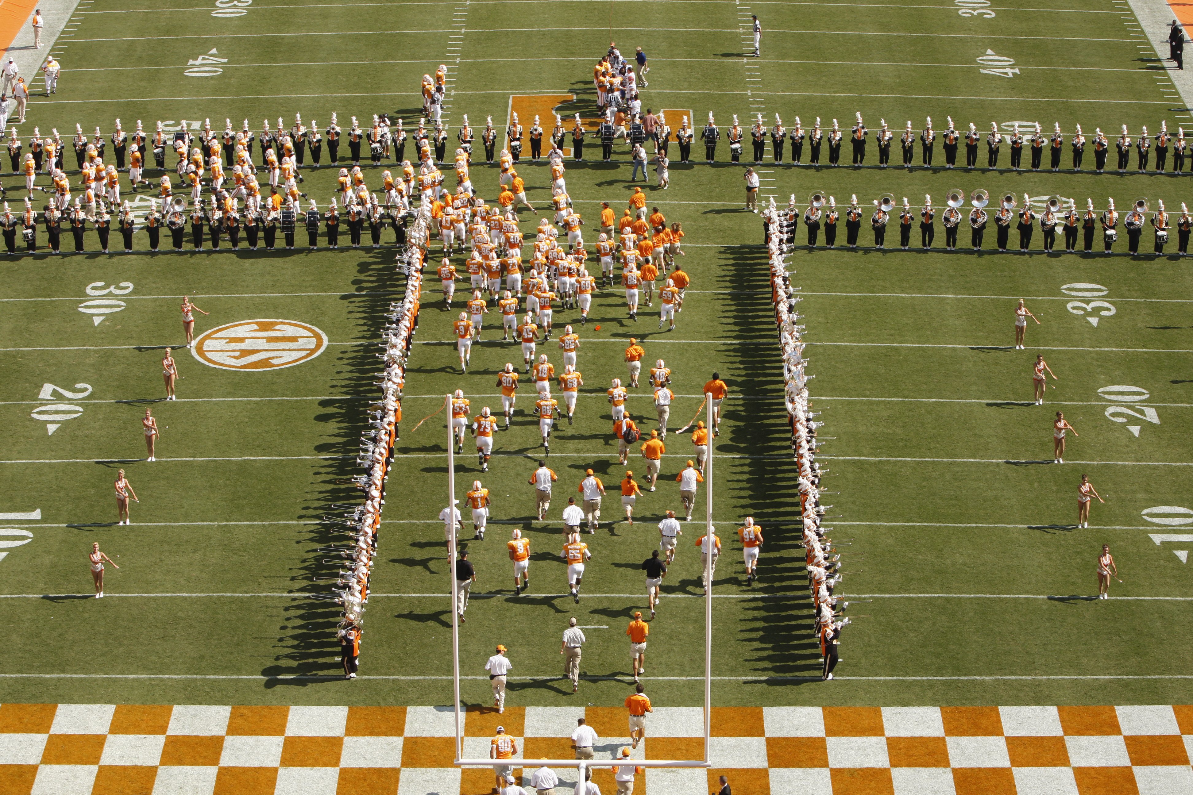 KNOXVILLE, TN - SEPTEMBER 20: The Tennessee marching band performs on the field during the game between the Florida Gators and the Tennessee Volunteers at Neyland Stadium on September 20, 2008 in Knoxville, Tennessee.  (Photo by Streeter Lecka/Getty Image