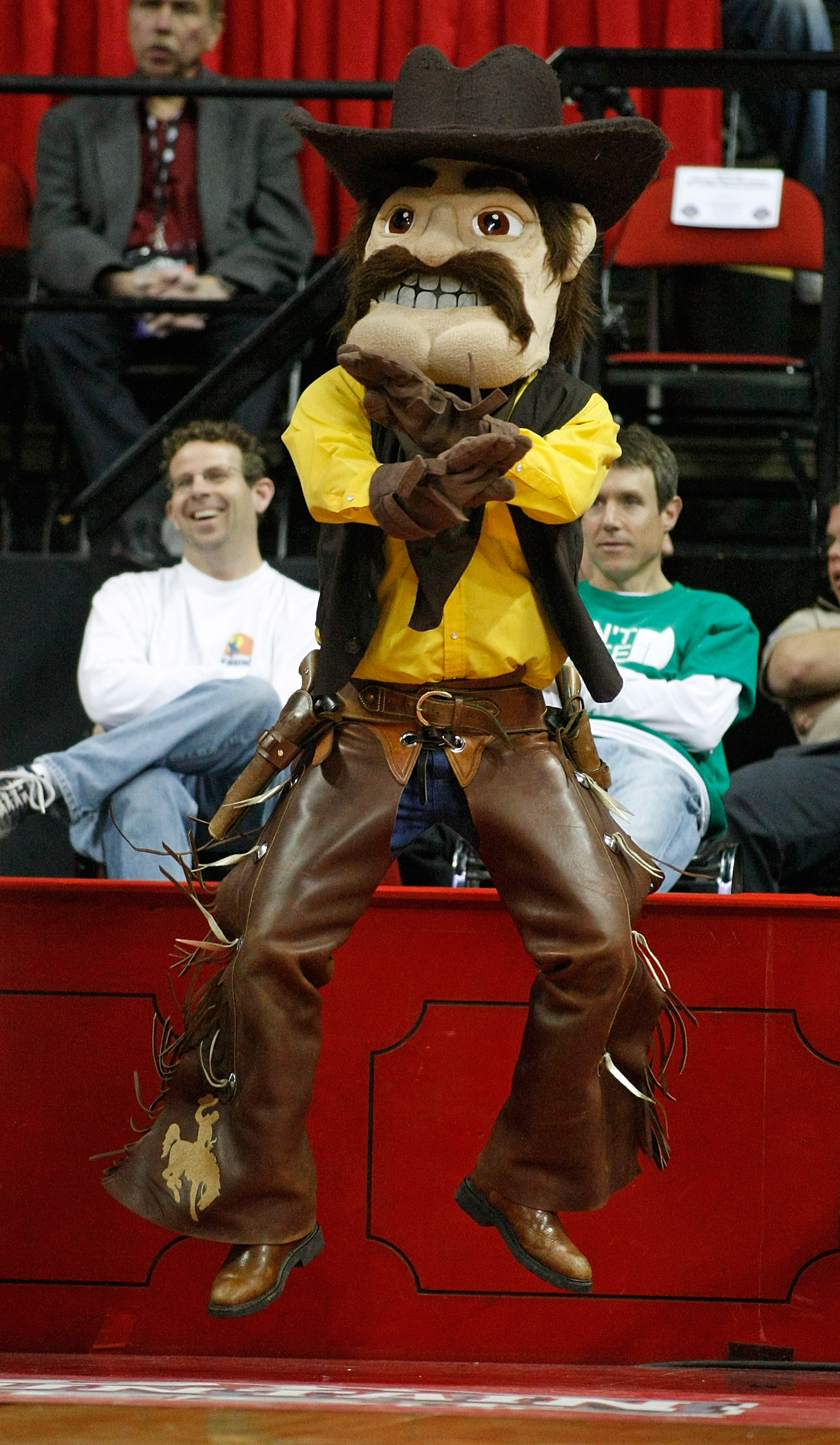 LAS VEGAS - MARCH 13:  Wyoming Cowboys mascot 'Pistol Pete' jumps in the air during a semifinal game against the Utah Utes during a semifinal game of the Conoco Mountain West Conference Basketball Championships at the Thomas & Mack Center March 13, 2009 i