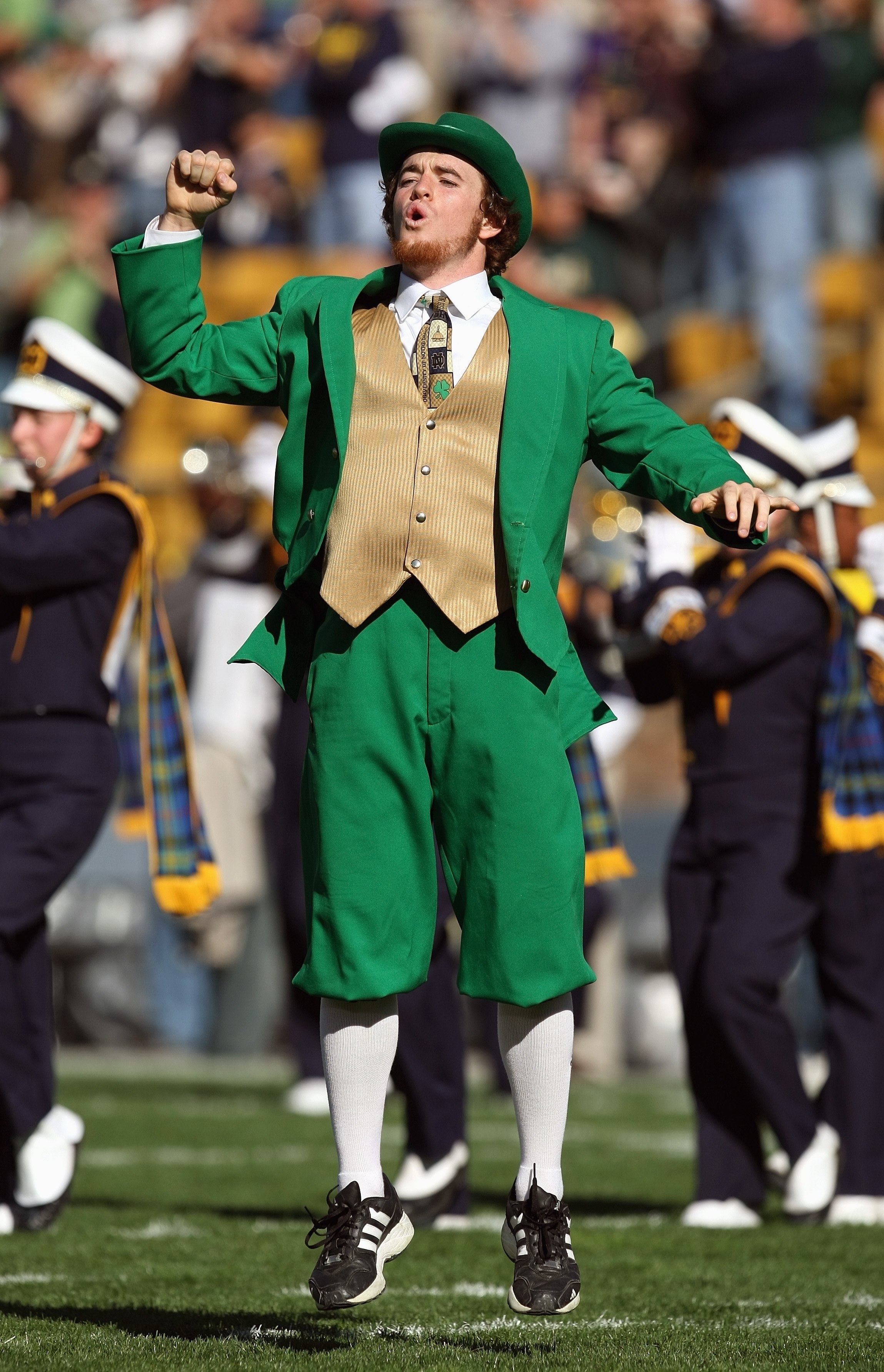 SOUTH BEND, IN - OCTOBER 20: The leprechaun mascot of the Notre Dame Fighting Irish yells on the field during the game against the University of Southern California Trojans at Notre Dame Stadium October 20, 2007 in South Bend, Indiana. USC defeated Notre
