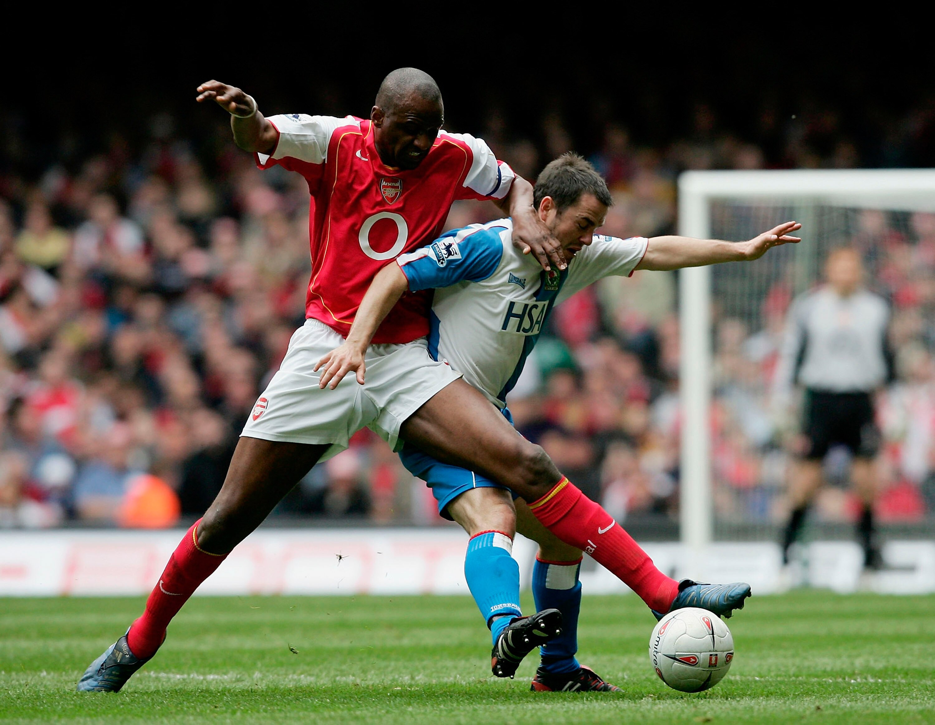 CARDIFF, UNITED KINGDOM - APRIL 16:  Patrick Vieira of Arsenal battles with David Thompson of Blackburn during the FA Cup Semi-Final match between Arsenal and Blackburn Rovers at the Millennium Stadium on April 16, 2005 in Cardiff, Wales.  (Photo by Shaun