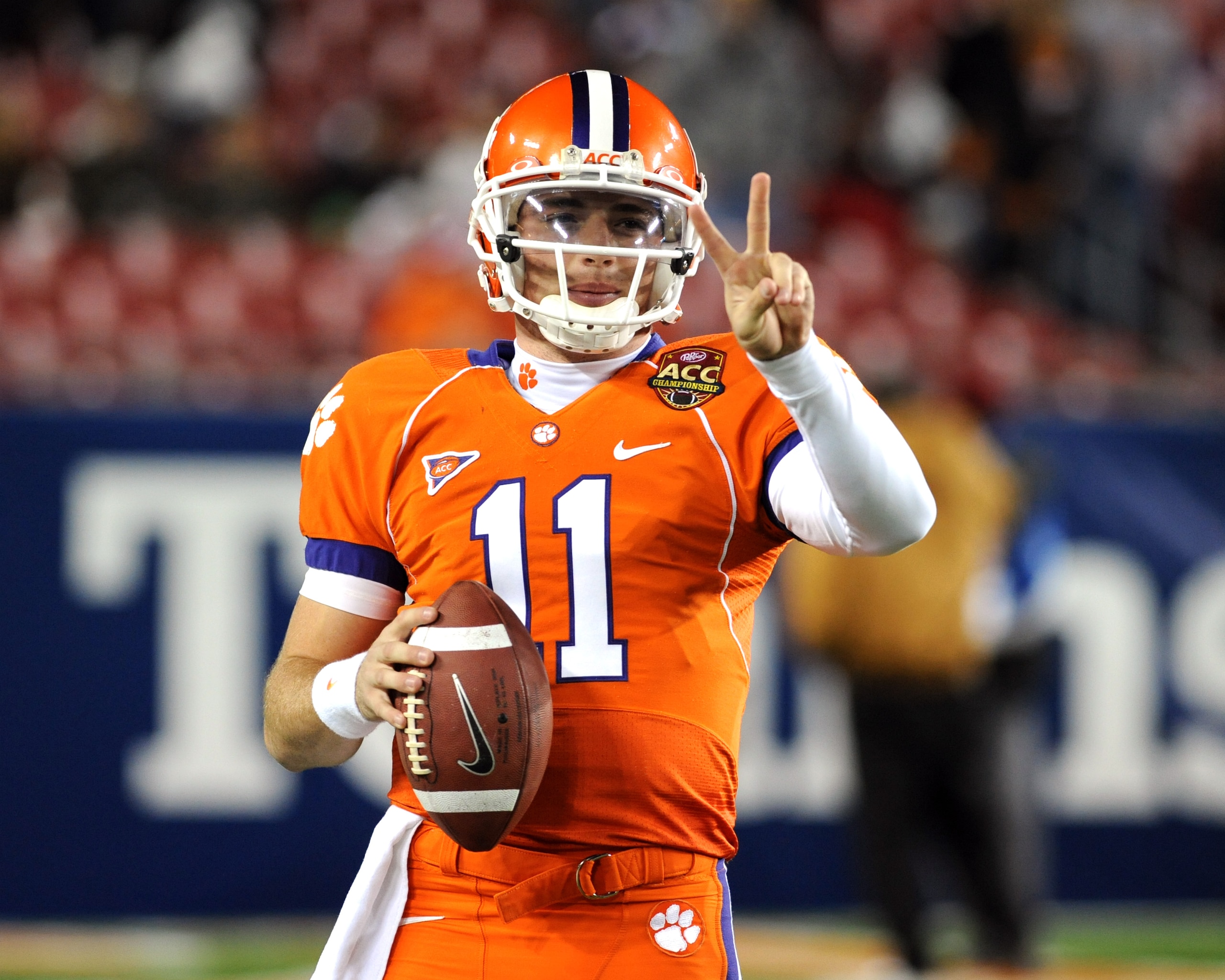 TAMPA, FL - DECEMBER 5: Quarterback Kyle Parker #11 of the Clemson Tigers warms up for play against the Georgia Tech Yellow Jackets in the 2009 ACC Football Championship Game December 5, 2009 at Raymond James Stadium in Tampa, Florida.  (Photo by Al Messe