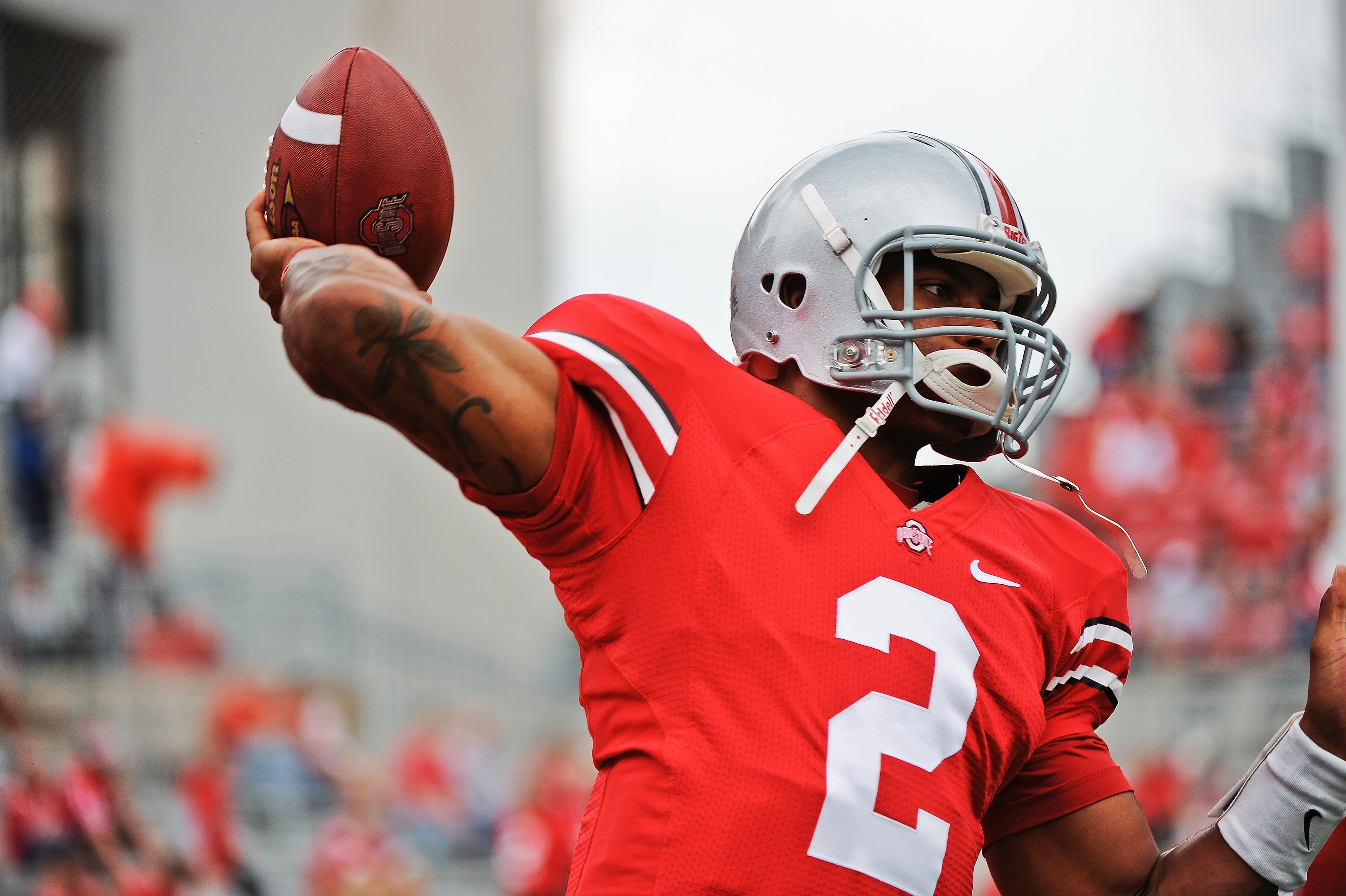 COLUMBUS, OH - SEPTEMBER 11:  Quarterback Terrelle Pryor #2 of the Ohio State Buckeyes warms up before a game against the Miami Hurricanes at Ohio Stadium on September 11, 2010 in Columbus, Ohio.  (Photo by Jamie Sabau/Getty Images)