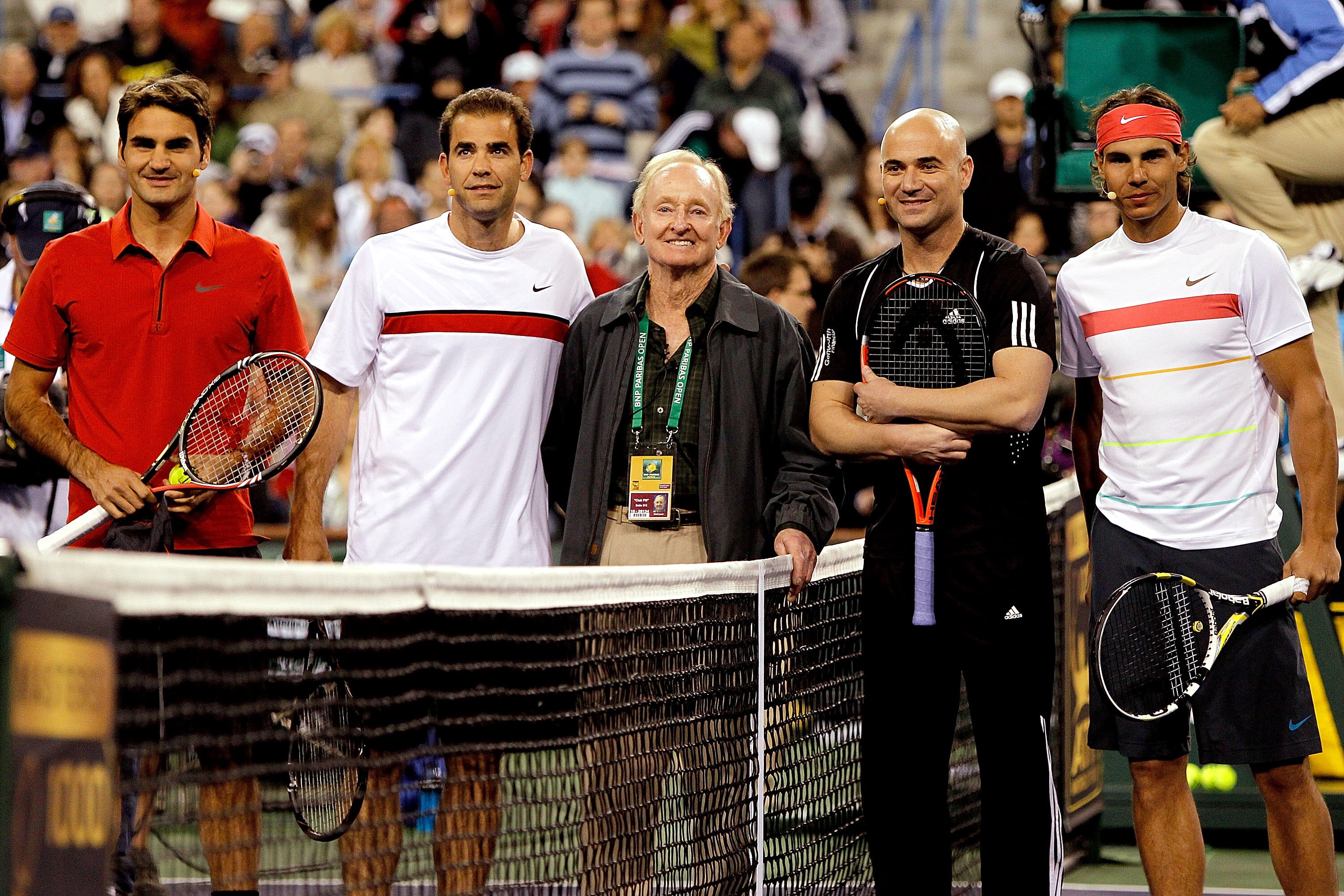 INDIAN WELLS, CA - MARCH 12:  (L-R) Roger Federer of Switzerland, Pete Sampras, former tennis player Rod Laver, Andre Agassi and Rafael Nadal of Spain pose at Hit for Haiti, a charity event during the BNP Paribas Open on March 12, 2010 in Indian Wells, Ca