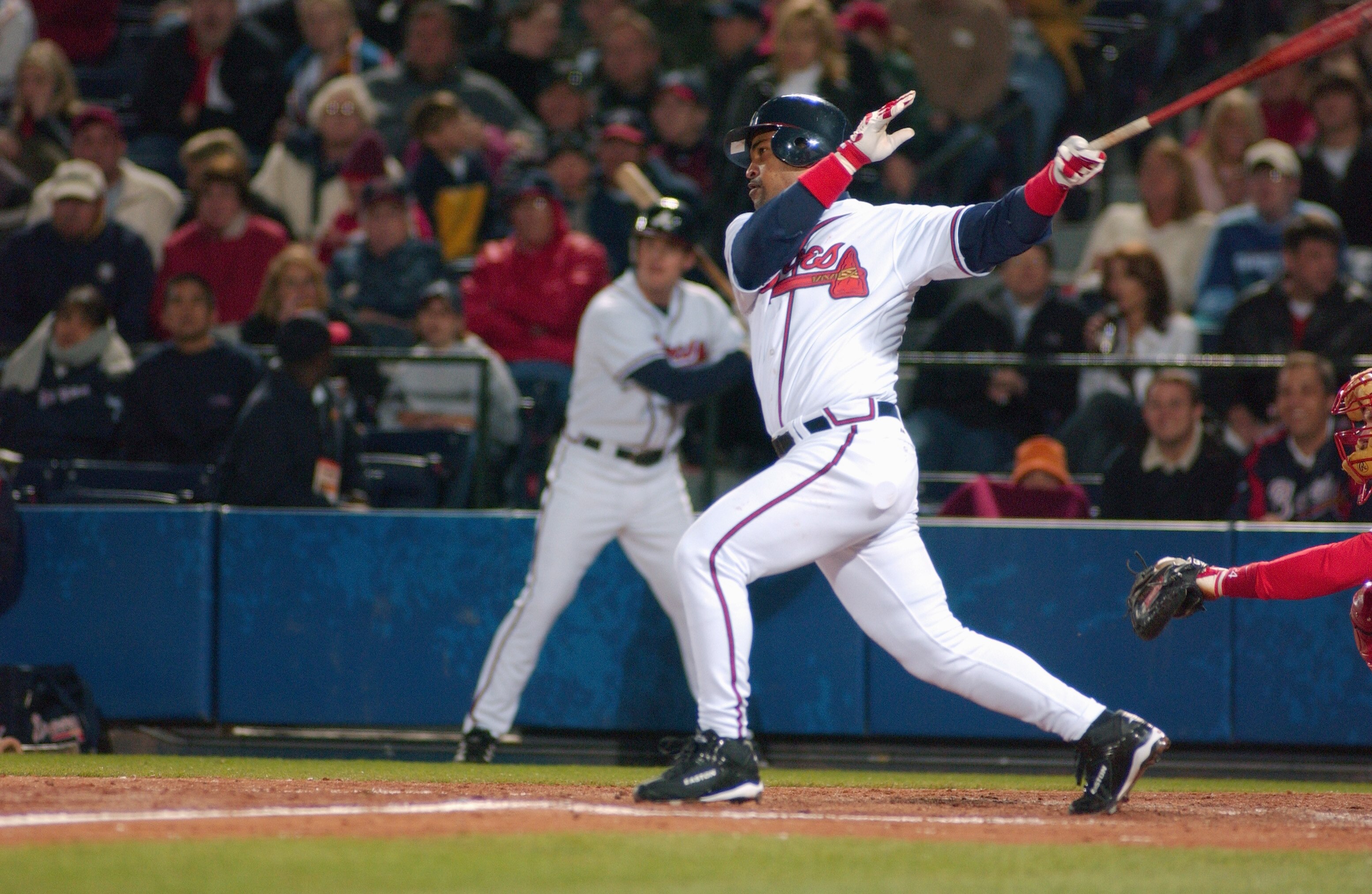 ATLANTA - APRIL 23:  Raul Mondesi #43 of the Atlanta Braves bats against the Philadelphia Phillies during the game at Turner Field on April 23, 2005 in Atlanta, Georgia. (Photo by Scott Cunningham/Getty Images)
