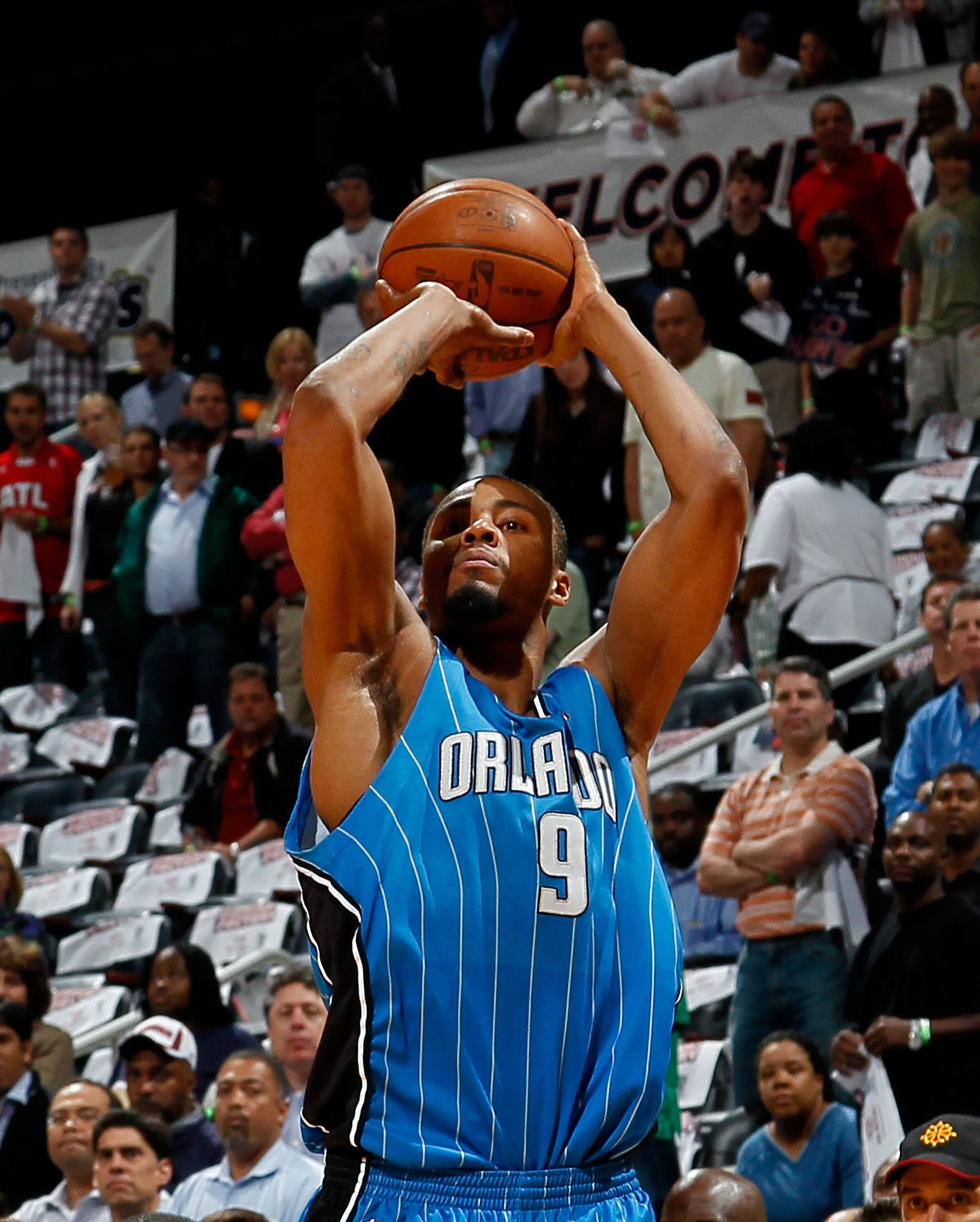 ATLANTA - MAY 10:  Rashard Lewis #9 of the Orlando Magic against the Atlanta Hawks during Game Four of the Eastern Conference Semifinals of the 2010 NBA Playoffs at Philips Arena on May 10, 2010 in Atlanta, Georgia.  NOTE TO USER: User expressly acknowled