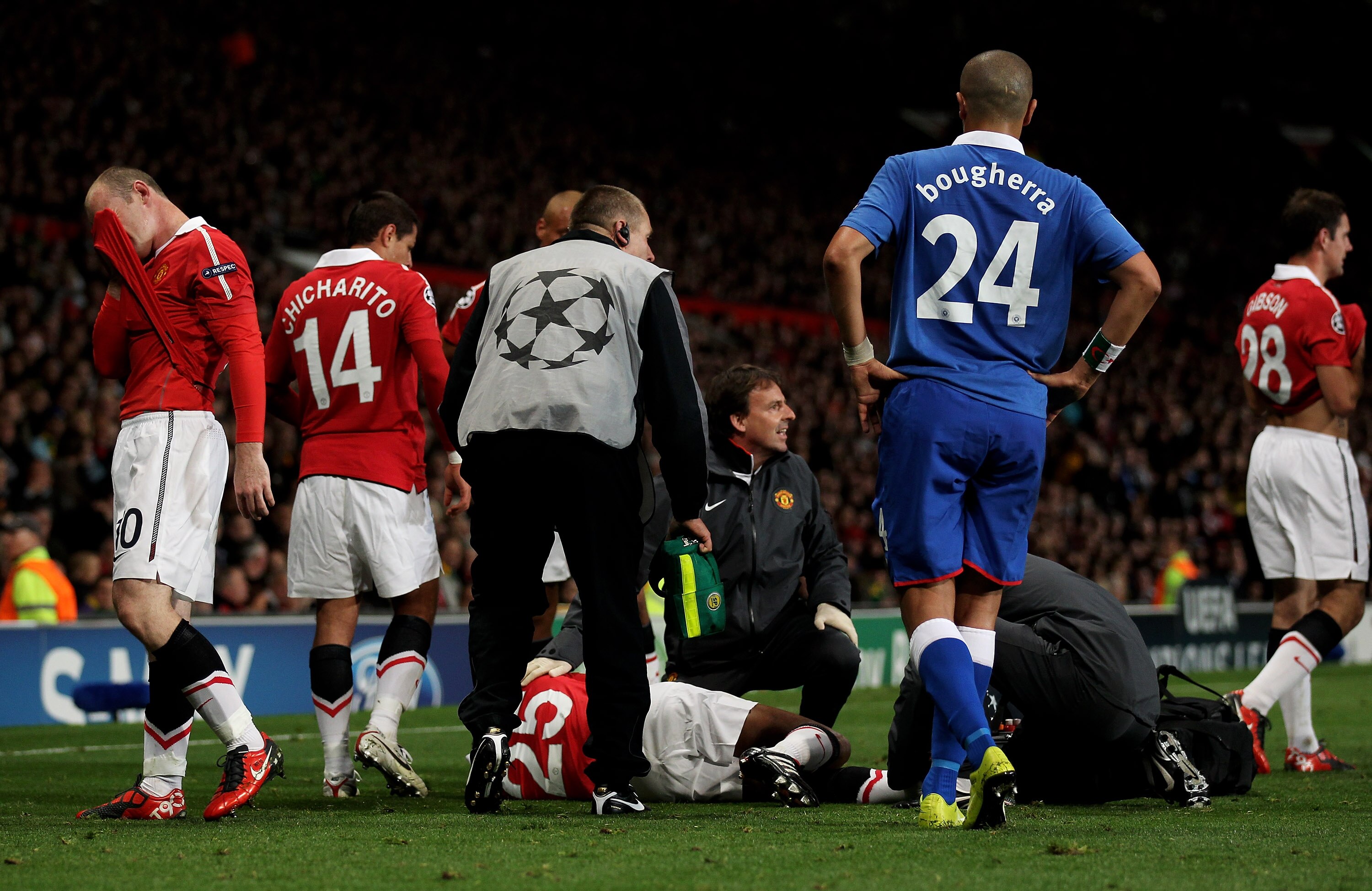 MANCHESTER, ENGLAND - SEPTEMBER 14:  Antonio Valencia of Manchester United receives treatment for an injury during the UEFA Champions League Group C match between Manchester United and Rangers at Old Trafford on September 14, 2010 in Manchester, England. 