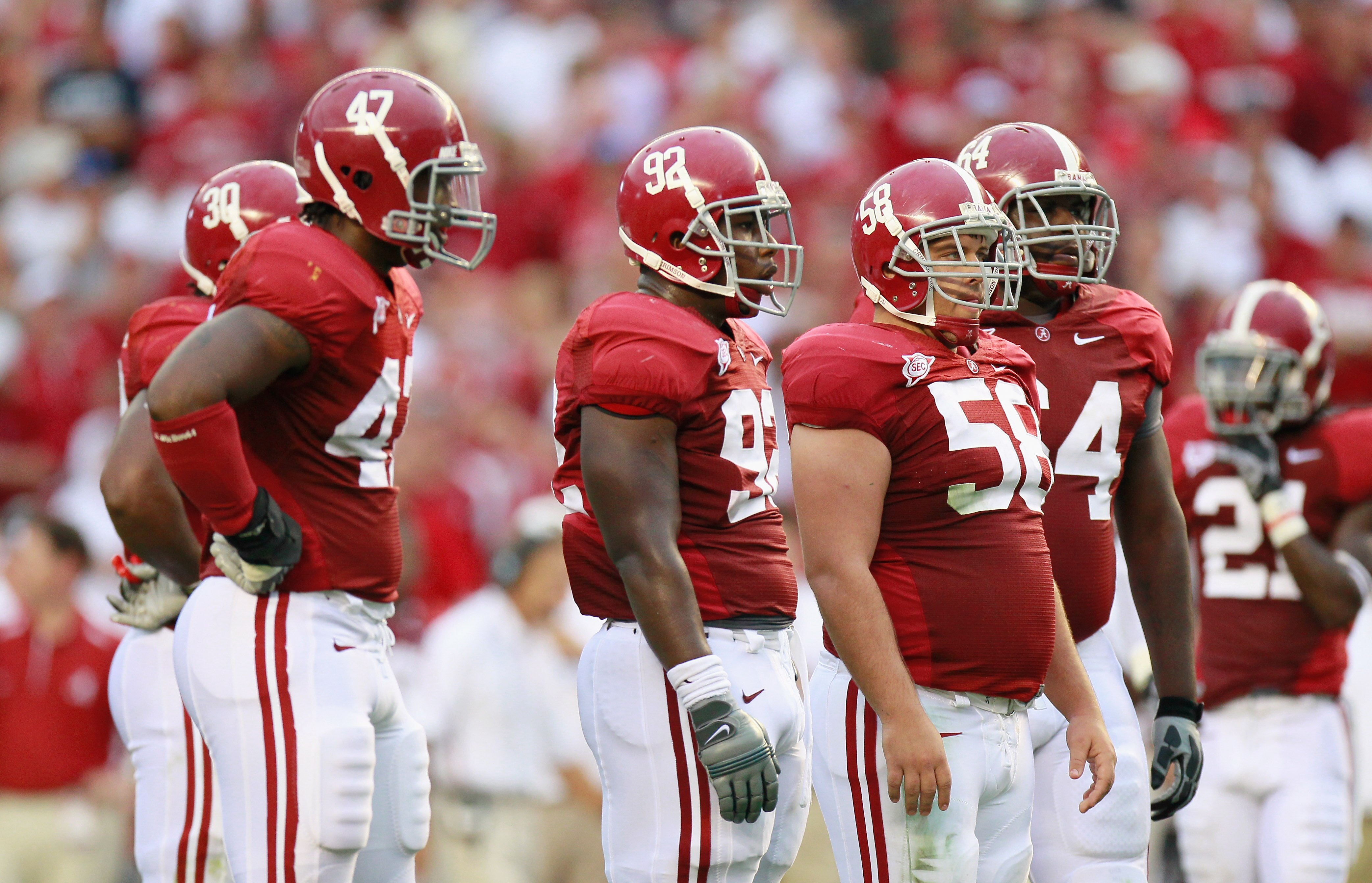 TUSCALOOSA, AL - SEPTEMBER 11: (L-R) Ed Stinson #47, Damion Square #92, Nick Gentry #58, and Kerry Murphy #64 of the Alabama Crimson Tide against the Penn State Nittany Lions at Bryant-Denny Stadium on September 11, 2010 in Tuscaloosa, Alabama. (Photo b TUSCALOOSA, AL - SEPTEMBER 11: (L-R) Ed Stinson #47, Damion Square #92, Nick Gentry #58, and Kerry Murphy #64 of the Alabama Crimson Tide against the Penn State Nittany Lions at Bryant-Denny Stadium on September 11, 2010 in Tuscaloosa, Alabama. (Photo b