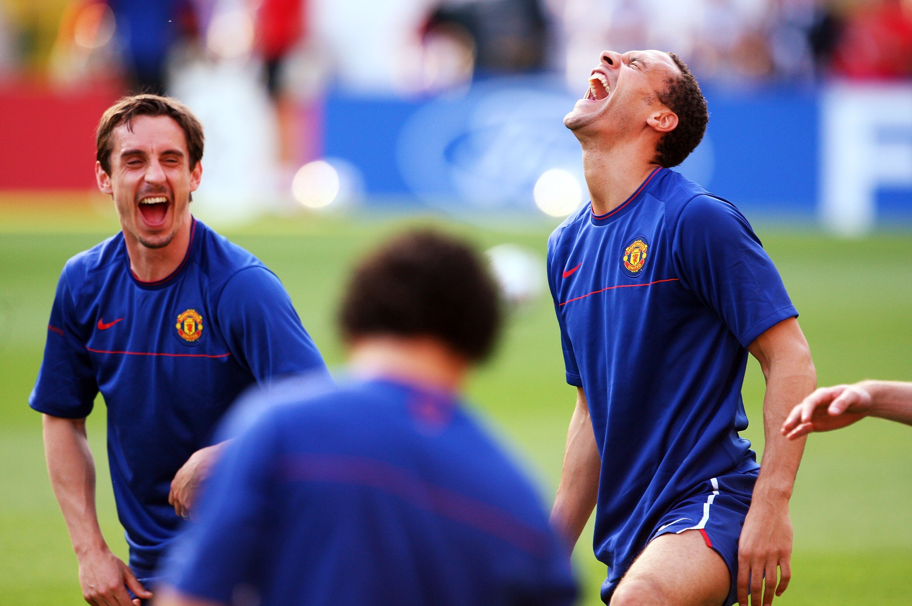 ROME - MAY 26: Rio Ferdinand and Gary Neville of Manchester United laugh as they attend the Manchester United training session prior to UEFA Champions League Final versus Barcelona at the Stadio Olimpico on May 26, 2009 in Rome, Italy. (Photo by Laurenc ROME - MAY 26: Rio Ferdinand and Gary Neville of Manchester United laugh as they attend the Manchester United training session prior to UEFA Champions League Final versus Barcelona at the Stadio Olimpico on May 26, 2009 in Rome, Italy. (Photo by Laurenc