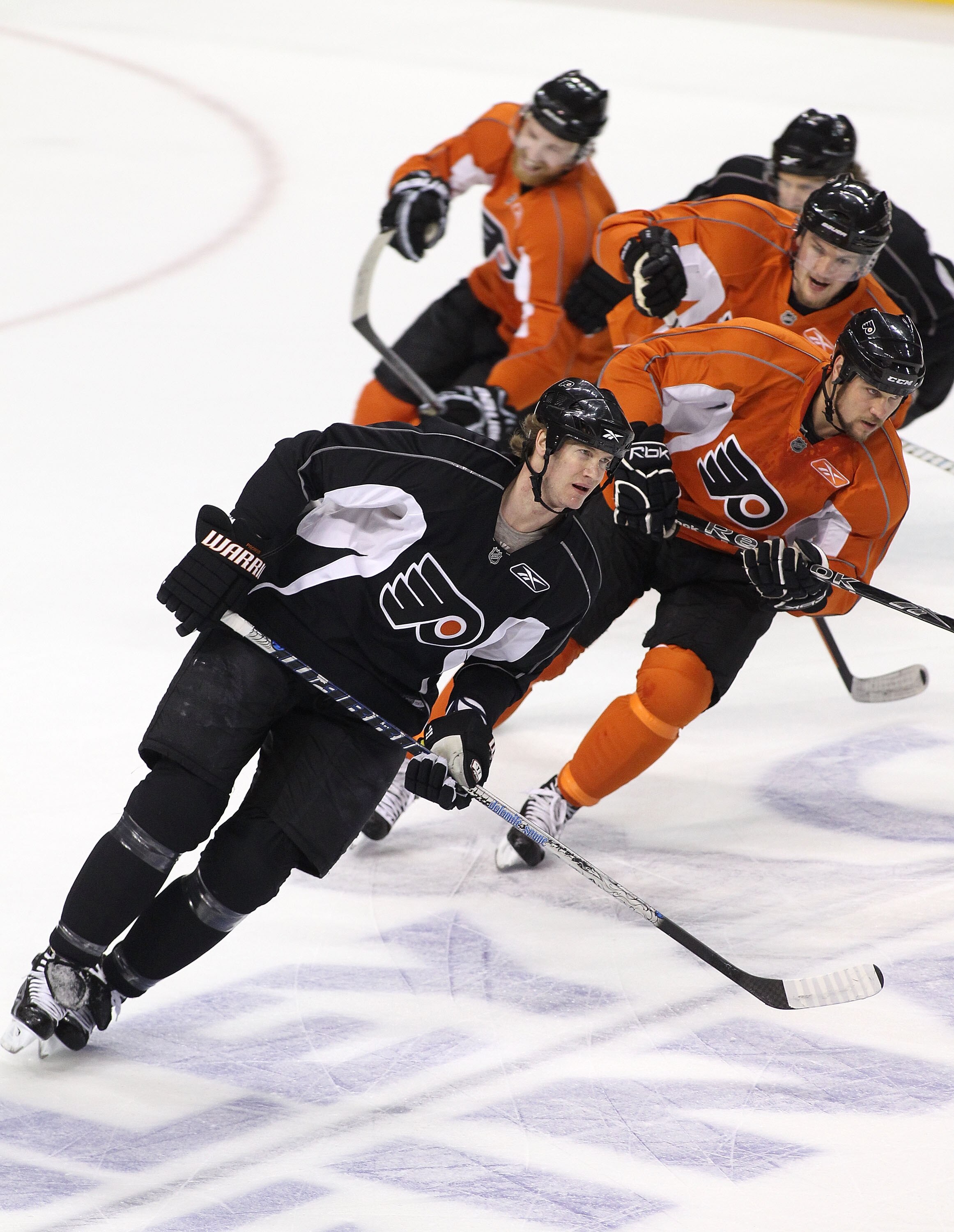 PHILADELPHIA - JUNE 8: Chris Pronger #20 of the Philadelphia Flyers leads teammates in a skating drill during practice for the 2010 NHL Stanley Cup Final at Wachovia Center on June 8, 2010 in Philadelphia, Pennsylvania.  (Photo by Andre Ringuette/Getty Im